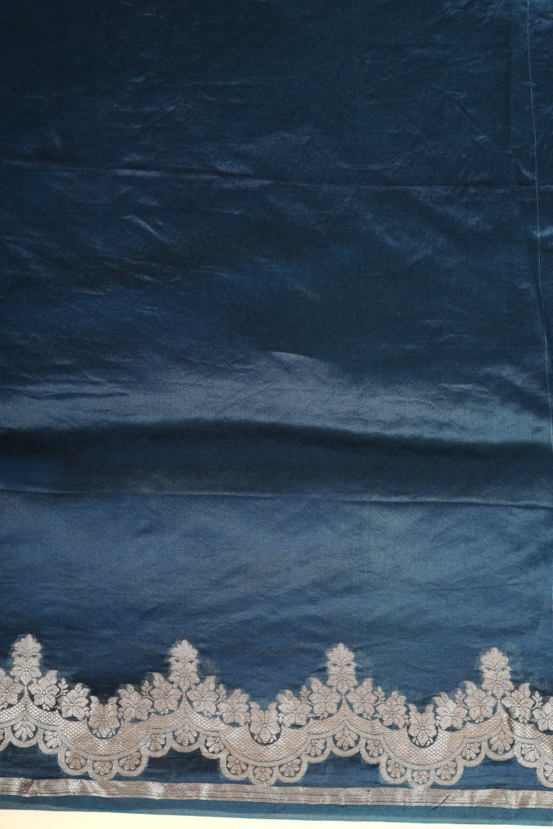 Aqua Blue Arashi Dye Organza Silk Saree with Silver Zari Border
