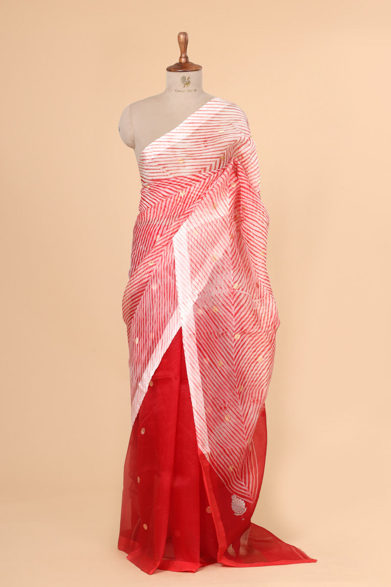 Red Arashi Dye Organza Silk Saree with Golden Zari Booti