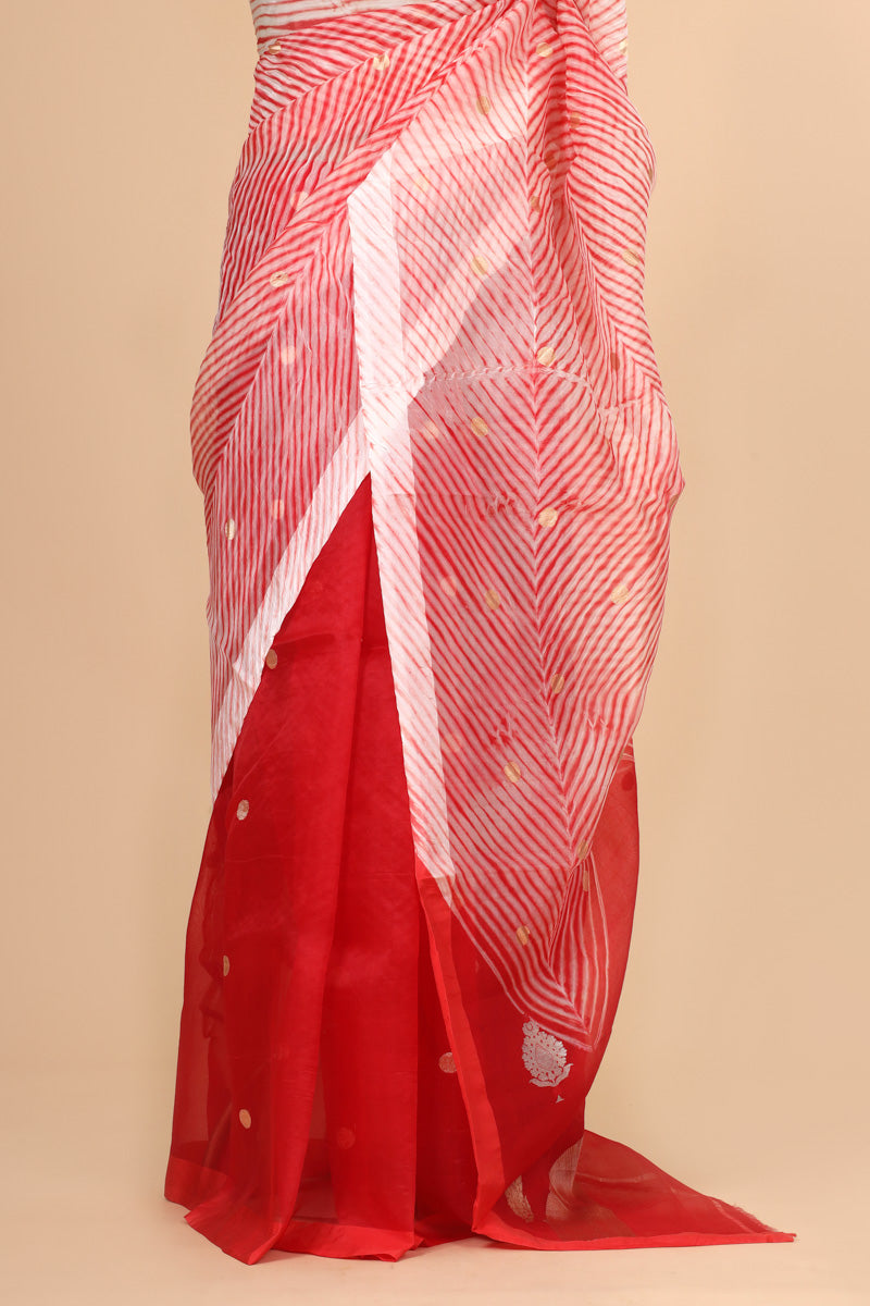 Red Arashi Dye Organza Silk Saree with Golden Zari Booti