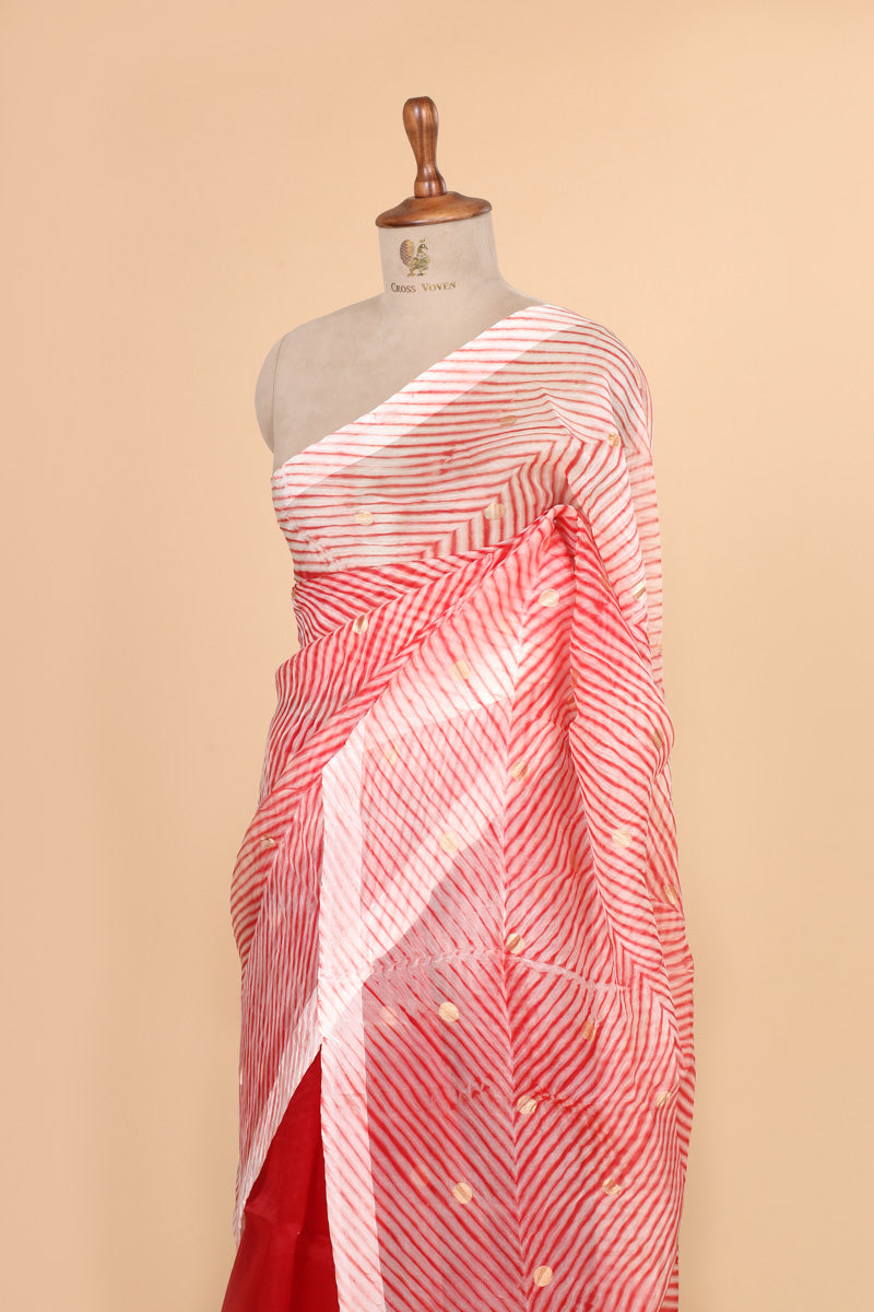 Red Arashi Dye Organza Silk Saree with Golden Zari Booti