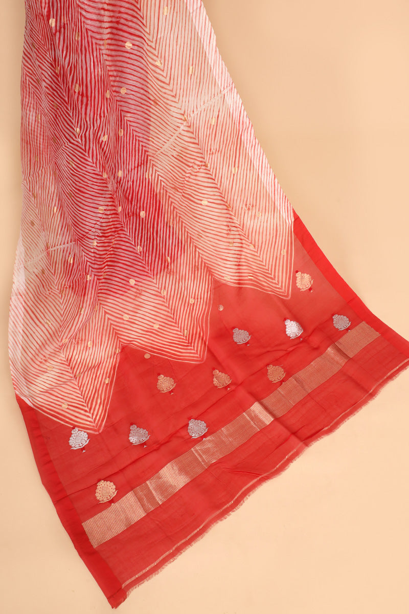 Red Arashi Dye Organza Silk Saree with Golden Zari Booti