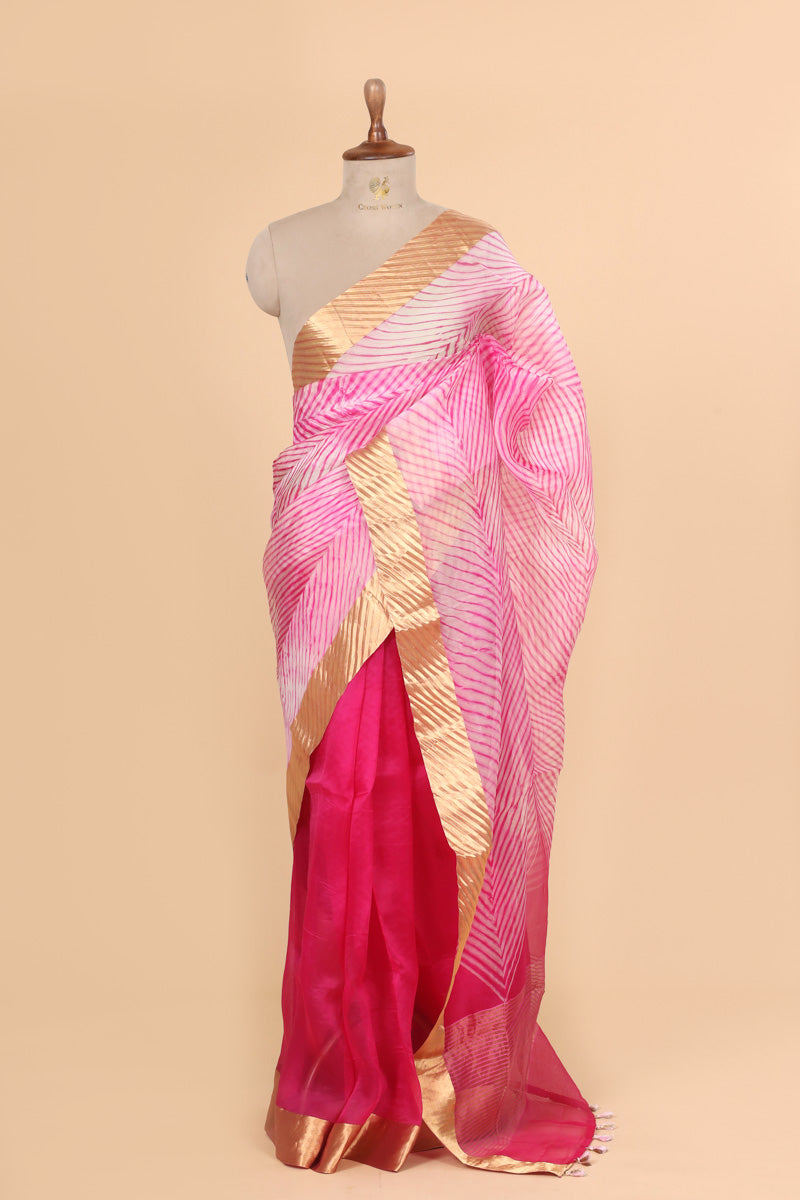 Coral Pink Arashi Dye Organza Silk Saree with Golden Zari Border