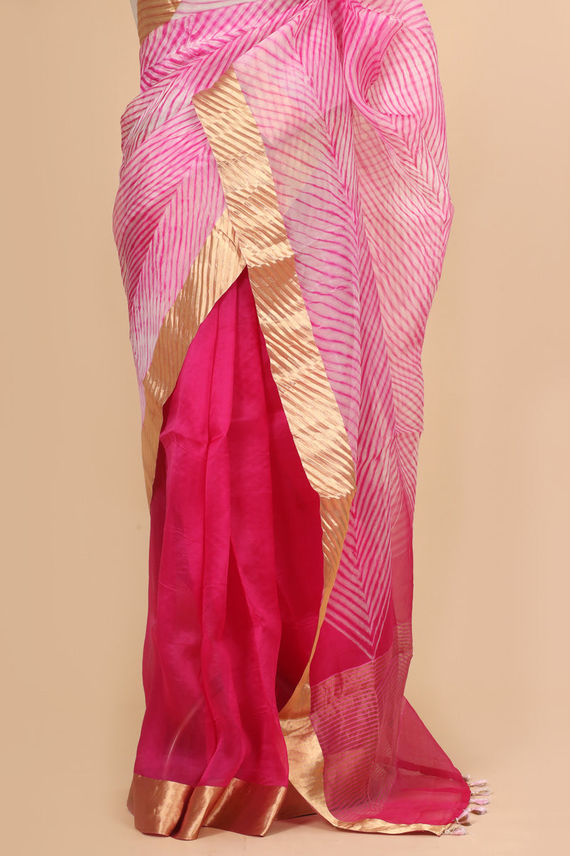 Coral Pink Arashi Dye Organza Silk Saree with Golden Zari Border