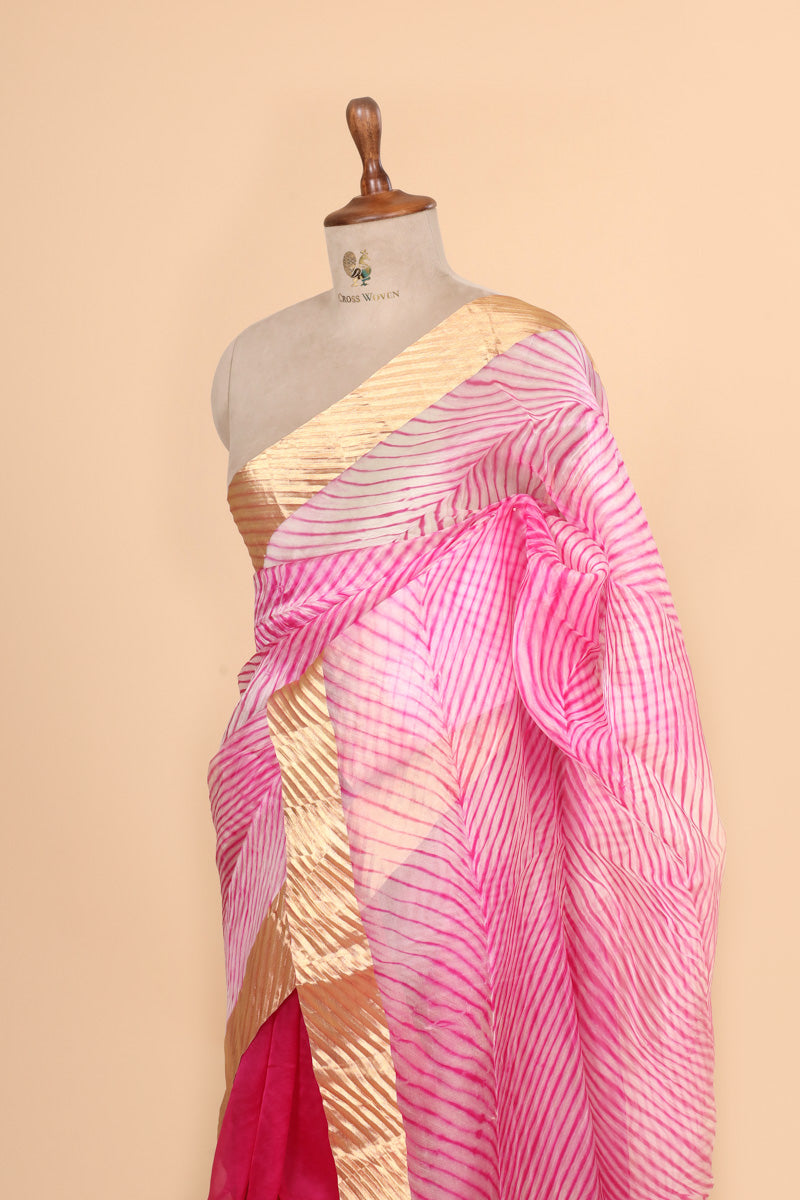 Coral Pink Arashi Dye Organza Silk Saree with Golden Zari Border