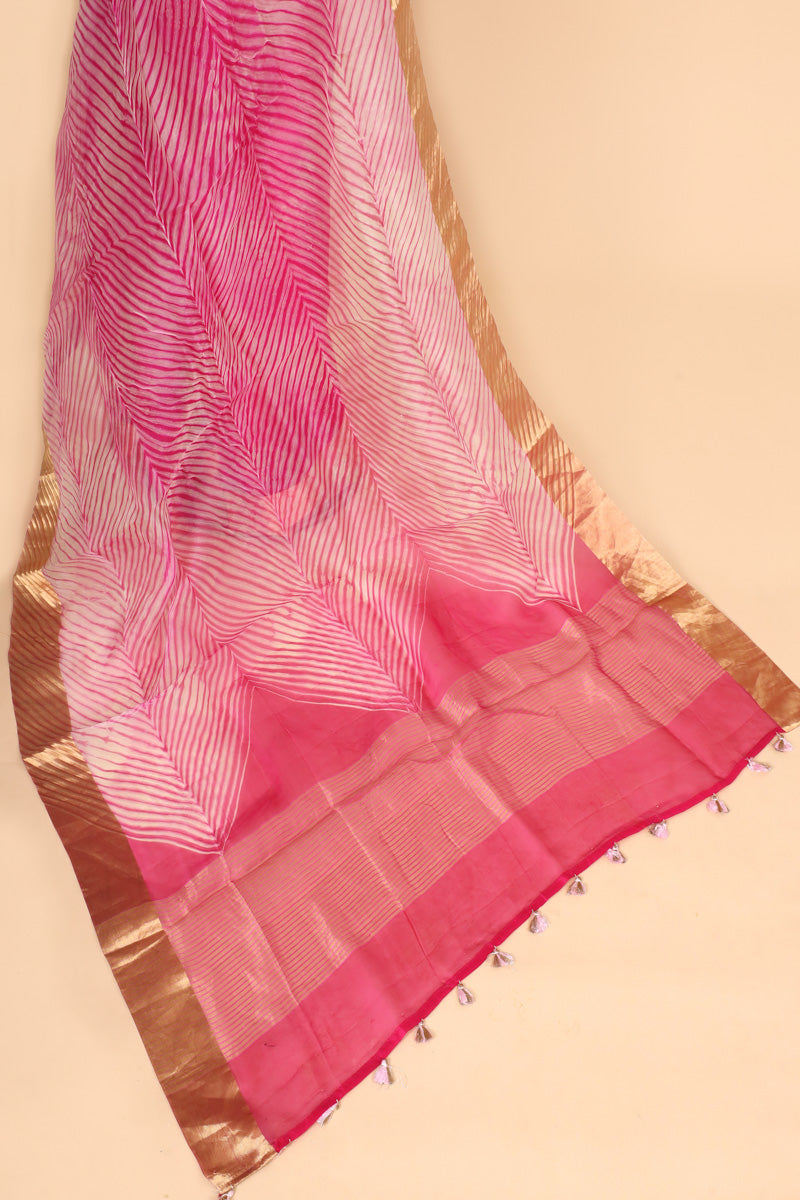 Coral Pink Arashi Dye Organza Silk Saree with Golden Zari Border