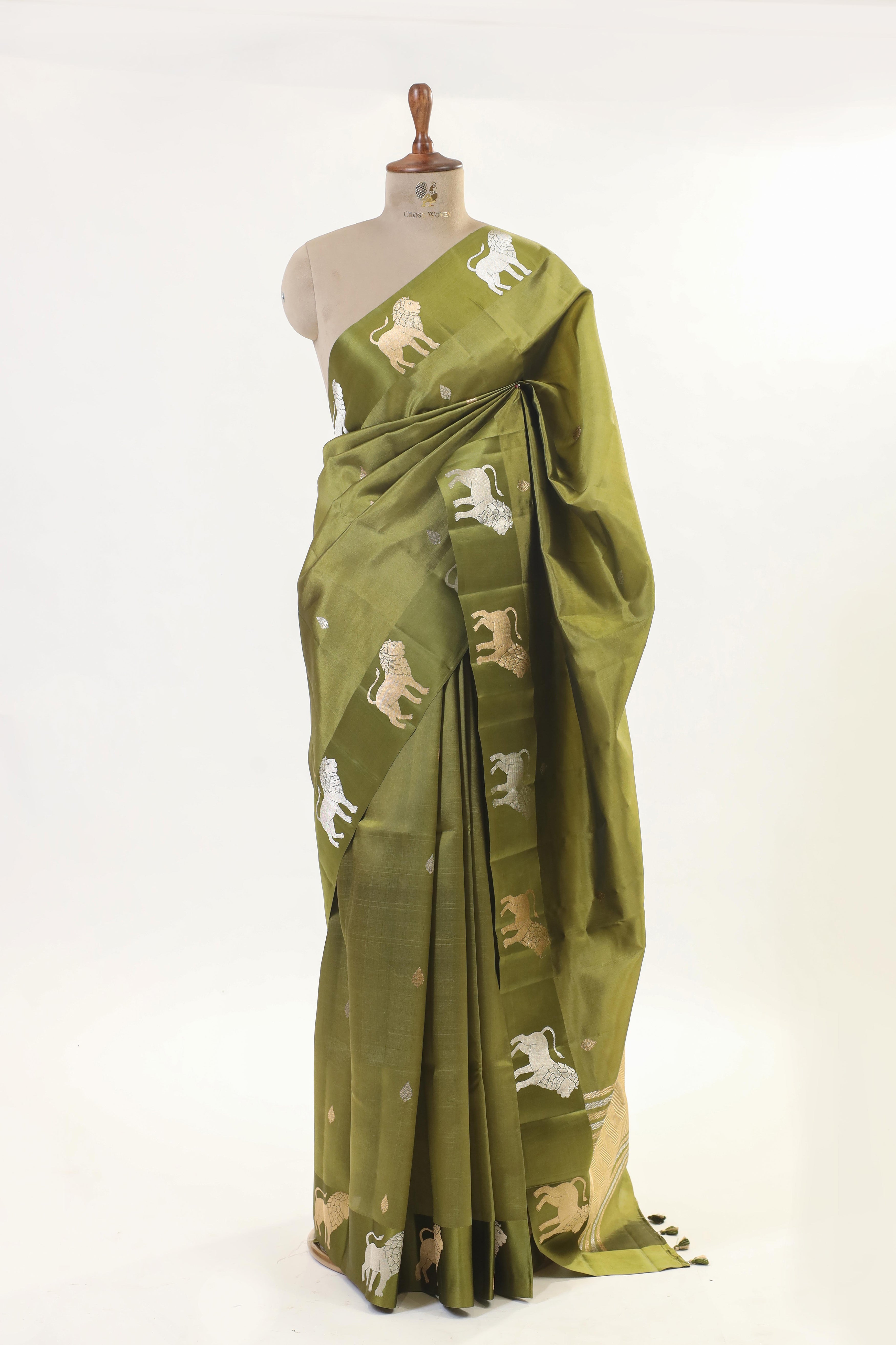 Army Green Handwoven Pure Banarasi Katan Soft Silk Saree