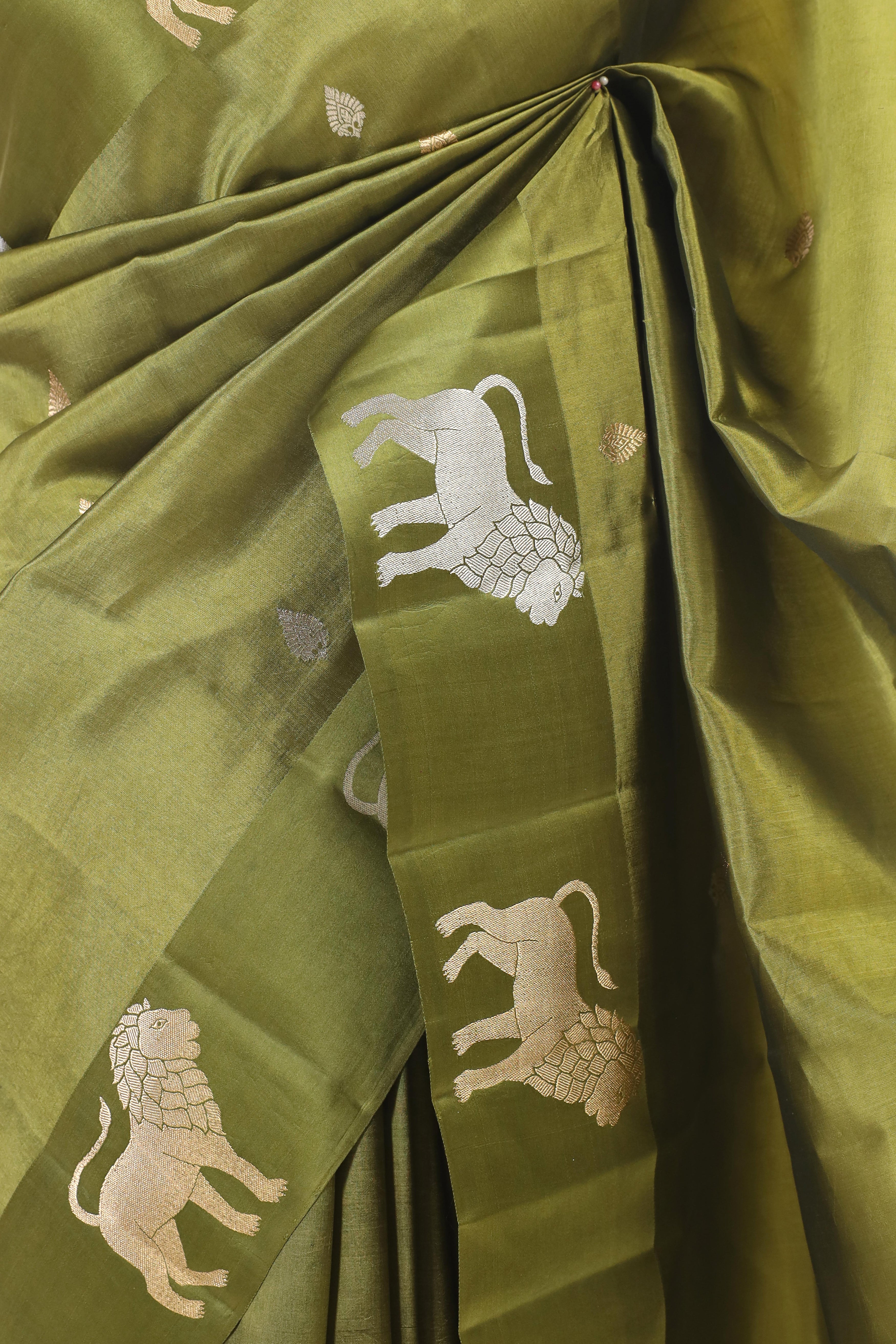 Army Green Handwoven Pure Banarasi Katan Soft Silk Saree