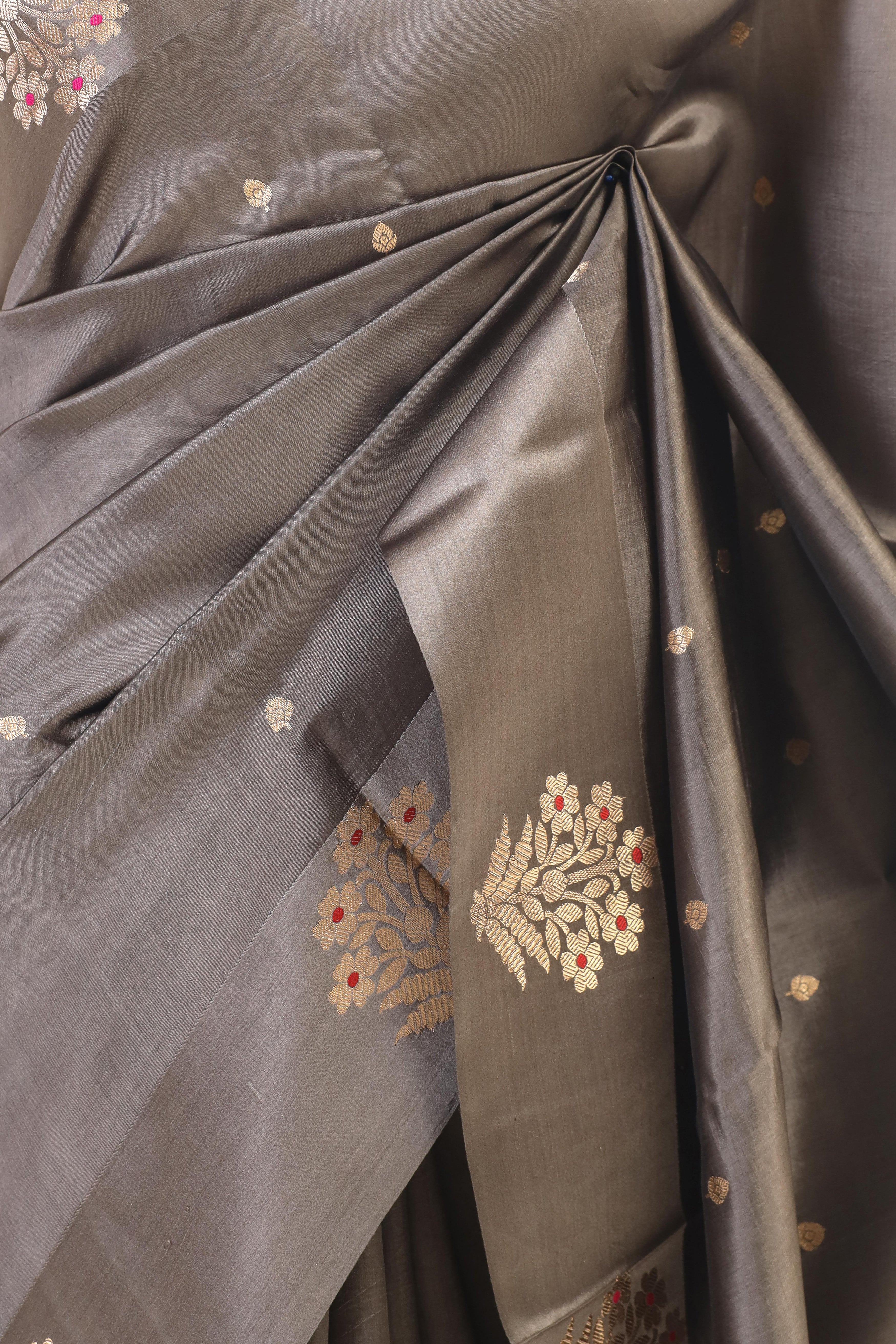 Mouse Gray Handwoven Pure Banarasi Katan Soft Silk Saree