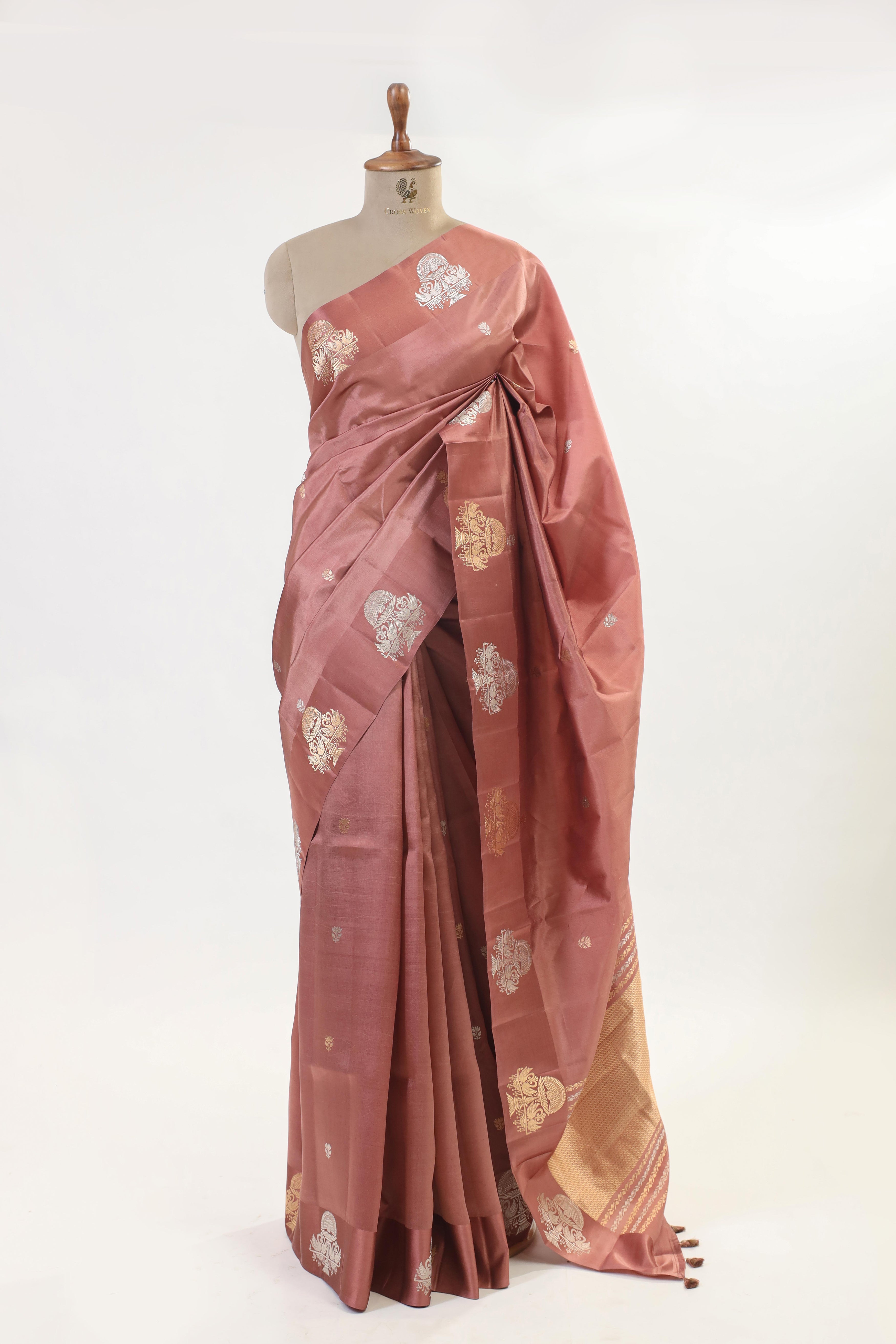 Reddish Brown Handwoven Pure Banarasi Katan Soft Silk Saree