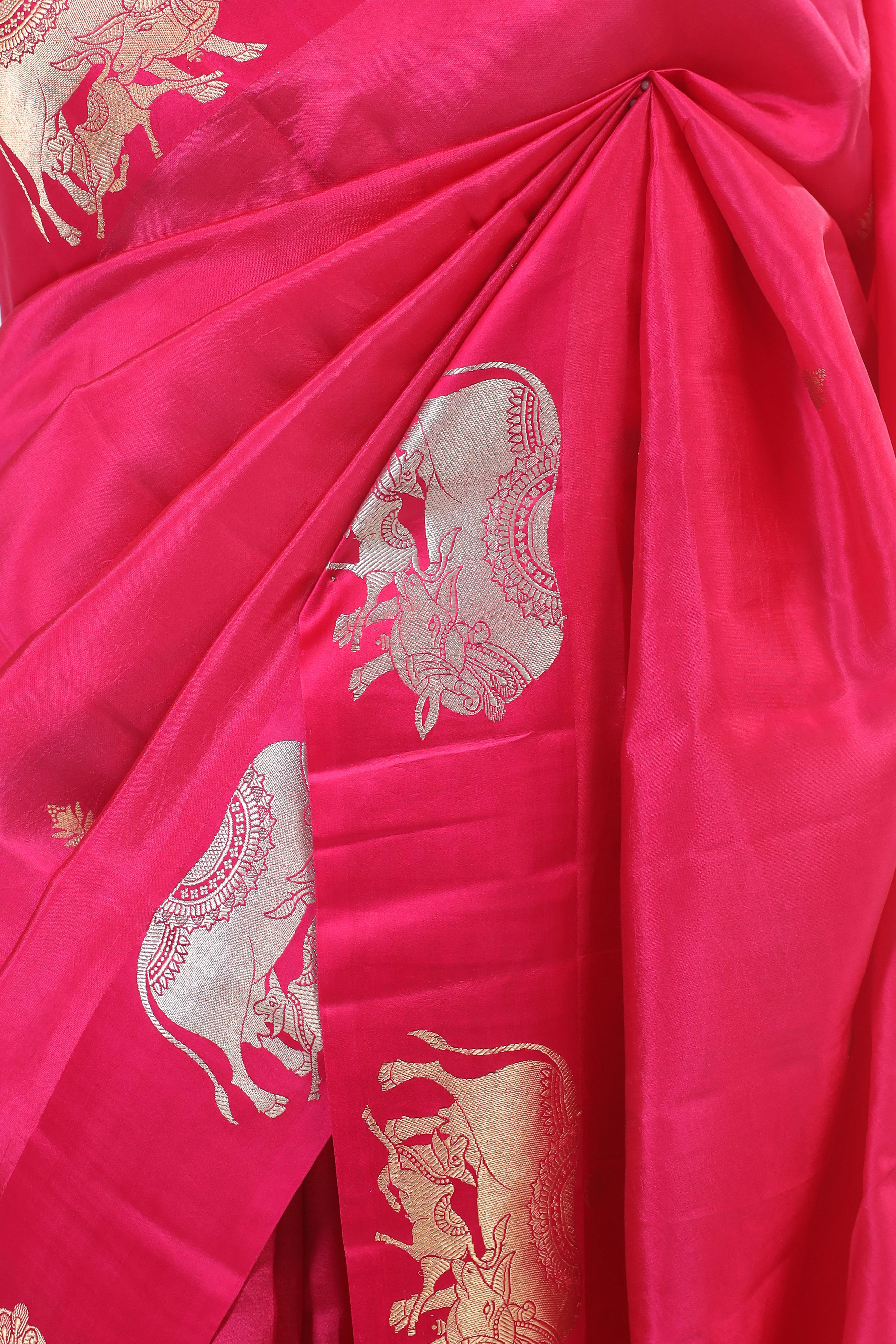 Gayatri Mantra Embellished Handwoven Pink Banarasi Soft Silk Saree With Nandi Motifs