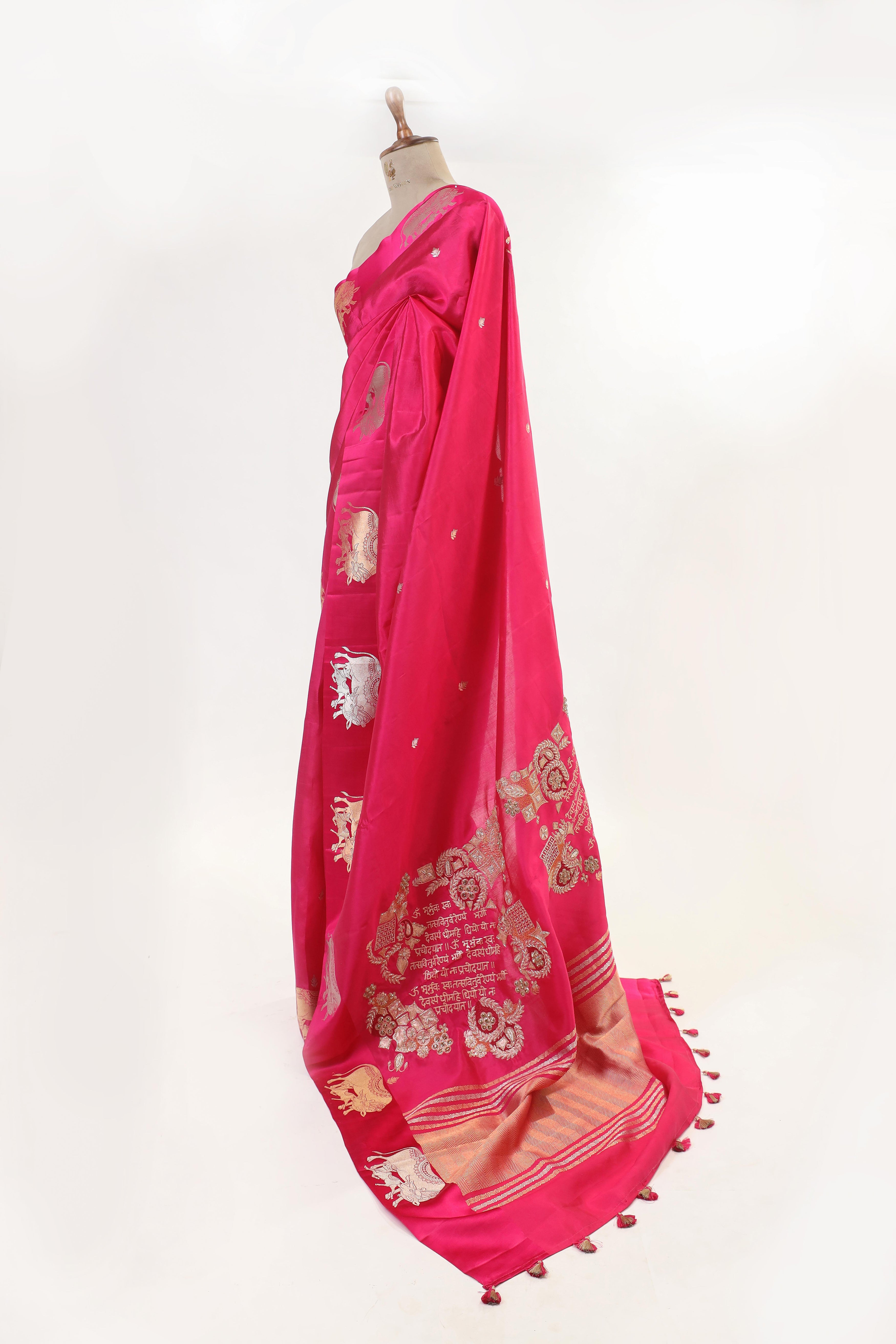 Gayatri Mantra Embellished Handwoven Pink Banarasi Soft Silk Saree With Nandi Motifs