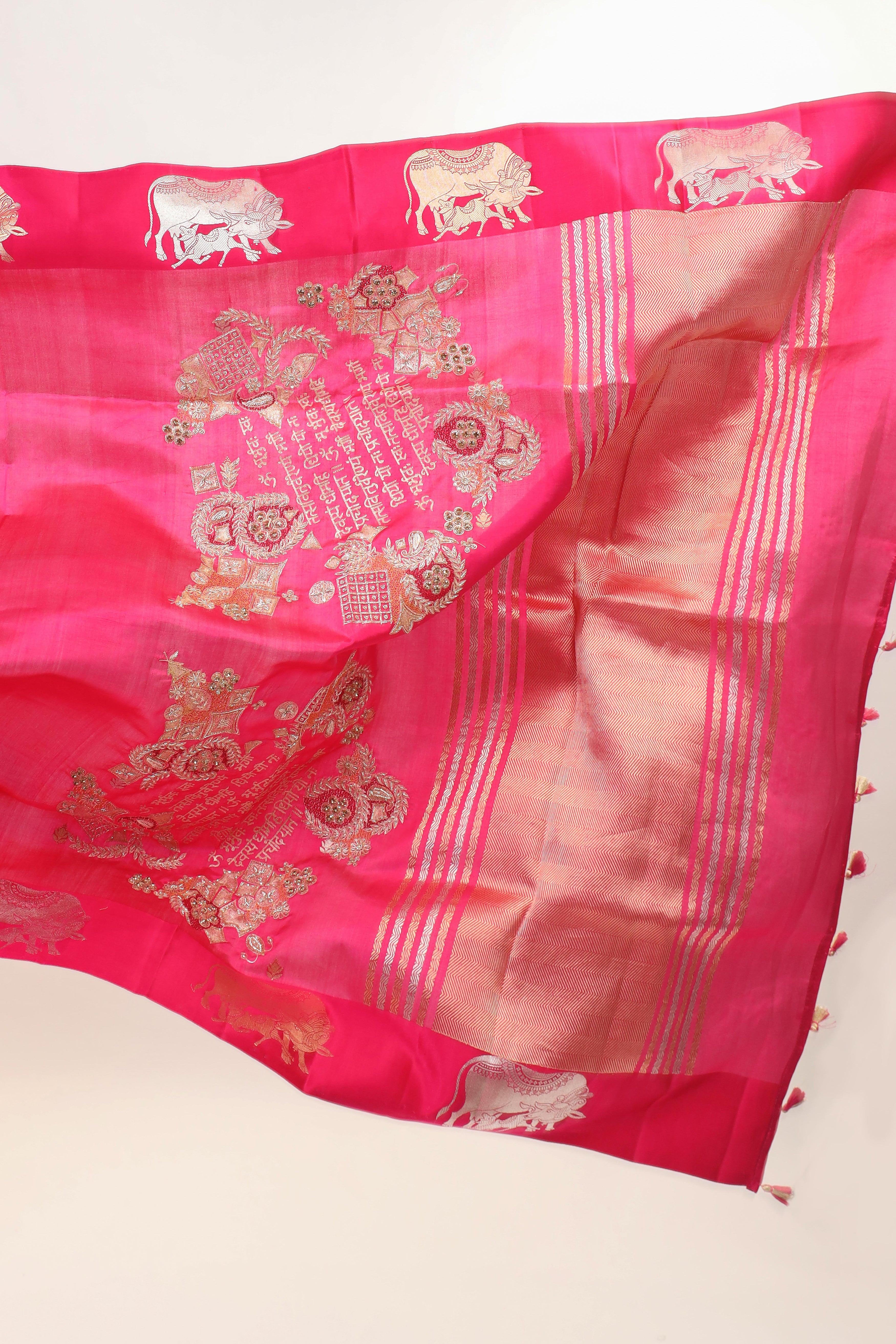 Gayatri Mantra Embellished Handwoven Pink Banarasi Soft Silk Saree With Nandi Motifs