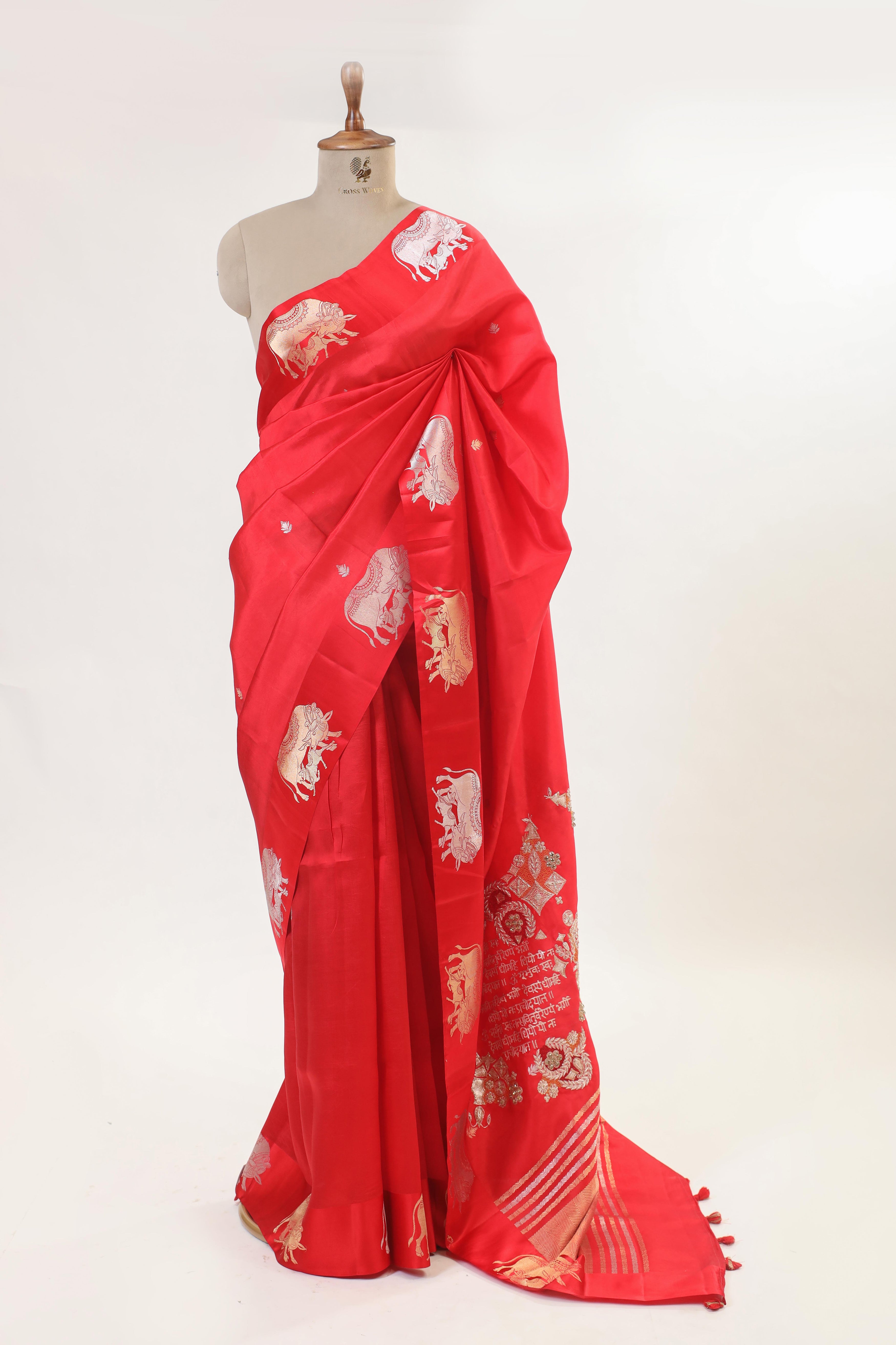 Gayatri Mantra Elaborated Handwoven Red Banarasi Soft Silk Saree With Nandi Motifs