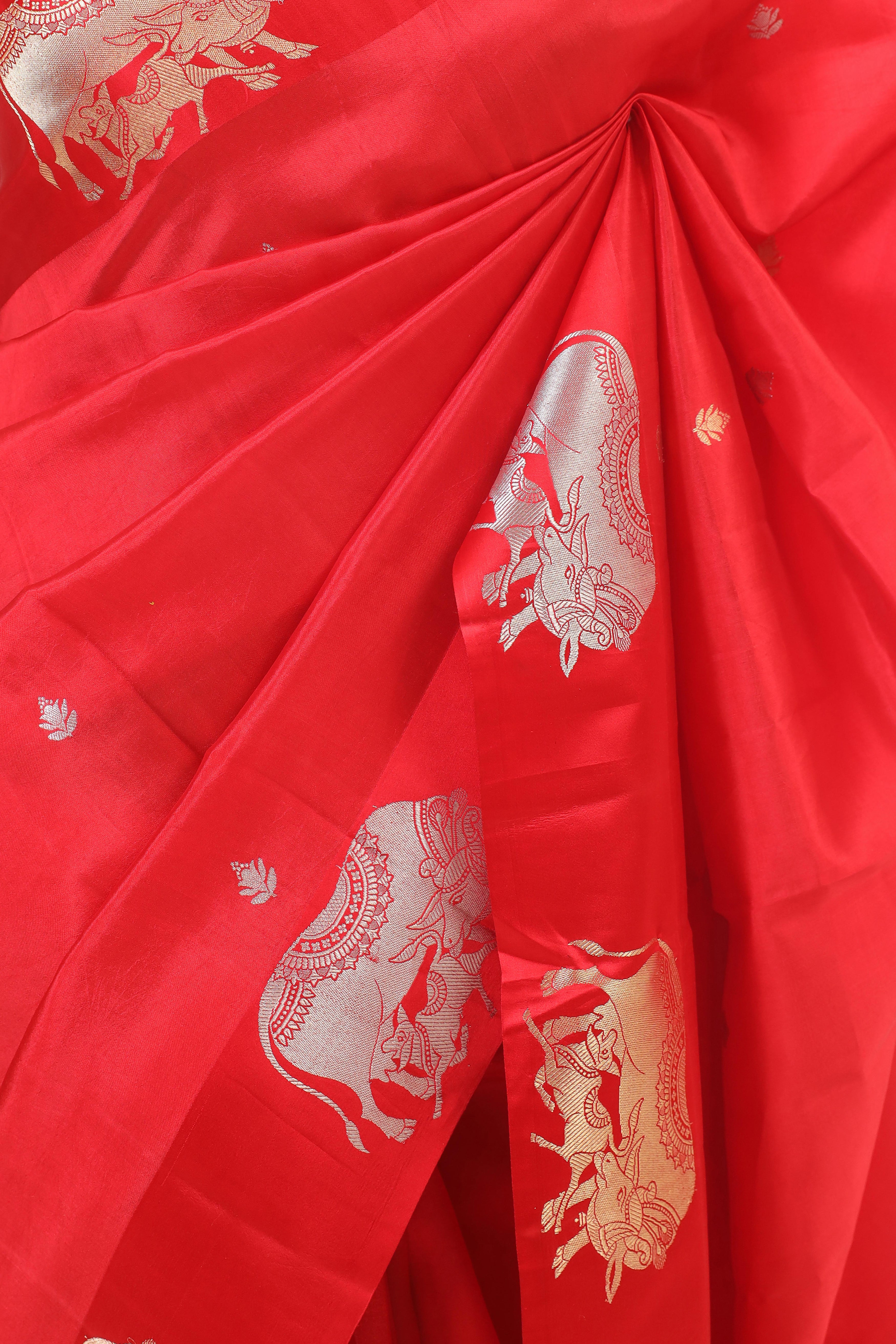 Gayatri Mantra Elaborated Handwoven Red Banarasi Soft Silk Saree With Nandi Motifs