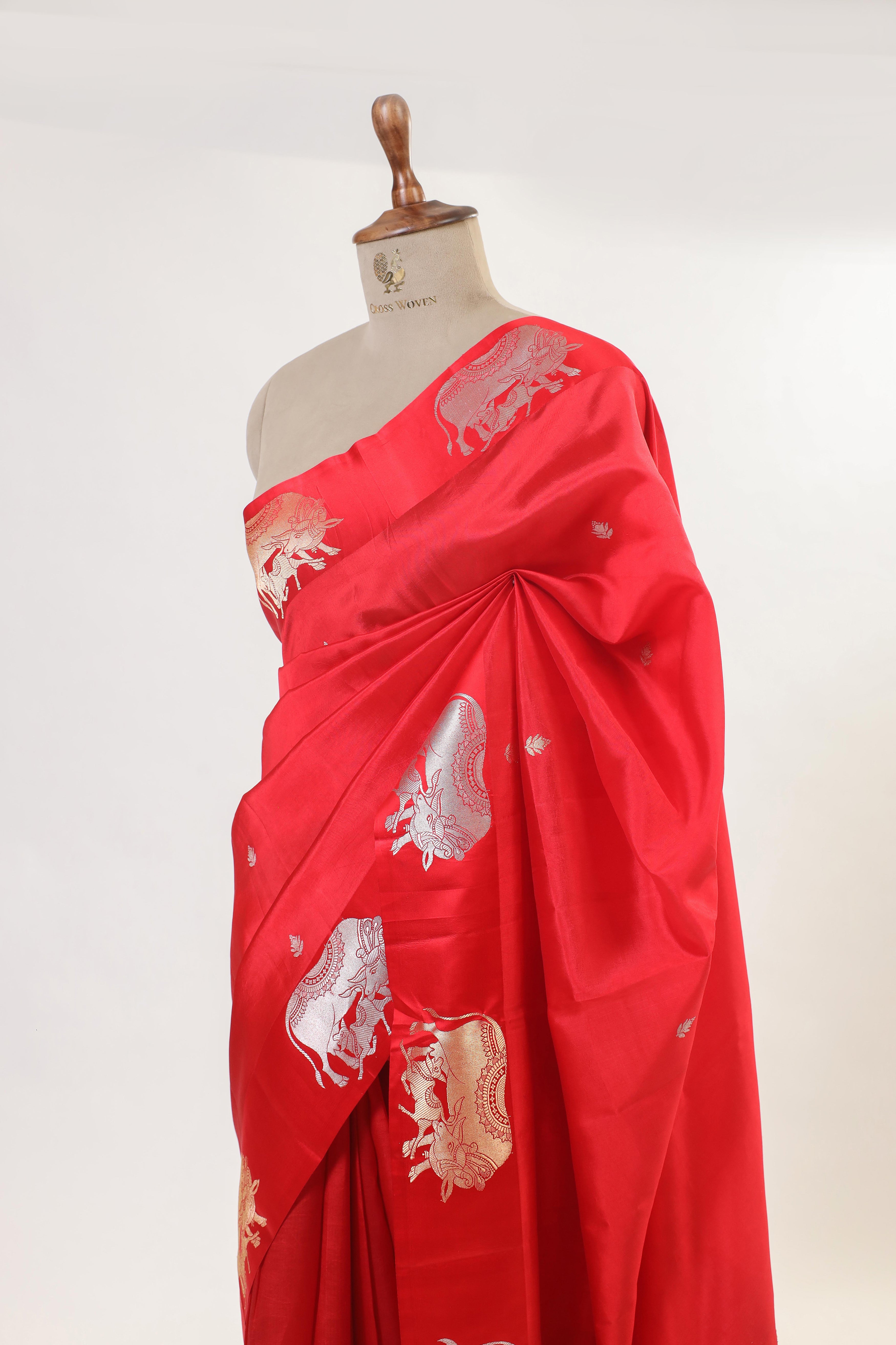 Gayatri Mantra Elaborated Handwoven Red Banarasi Soft Silk Saree With Nandi Motifs