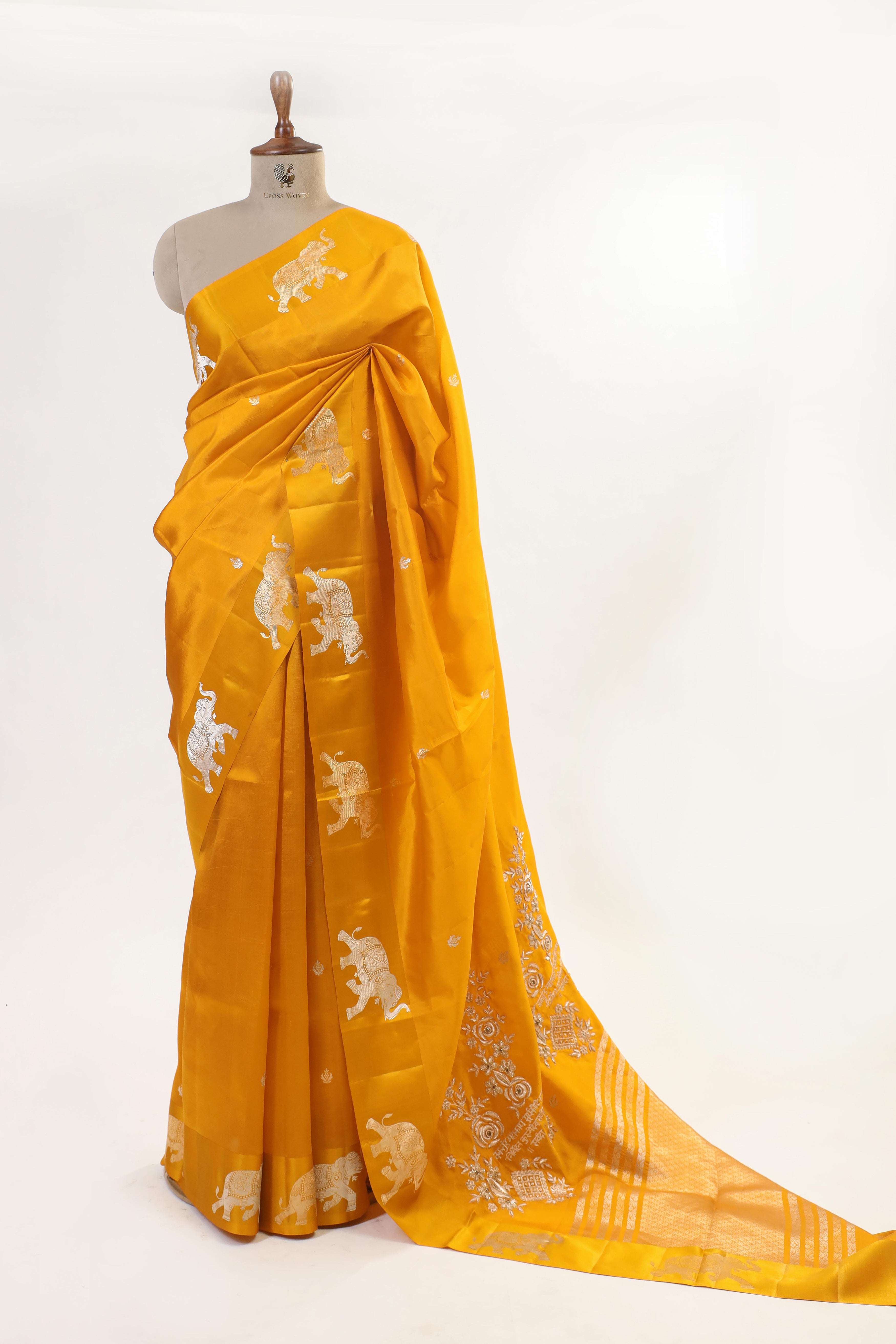 Mustard Yellow Banarasi Soft Silk Saree With Ganesh Mantra Embroidery