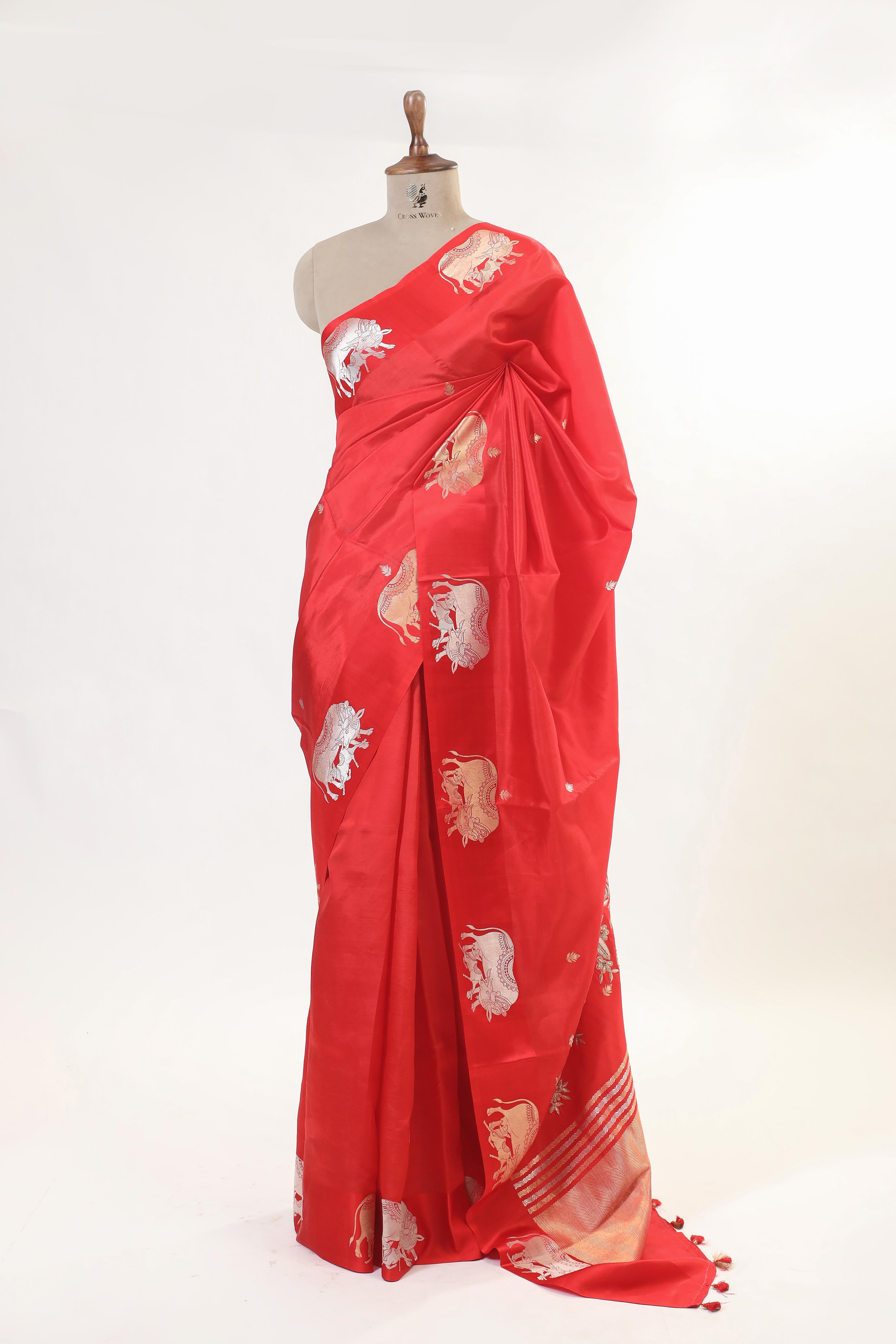 Red Banarasi Soft Silk Saree With Ganesh Mantra Embroidery