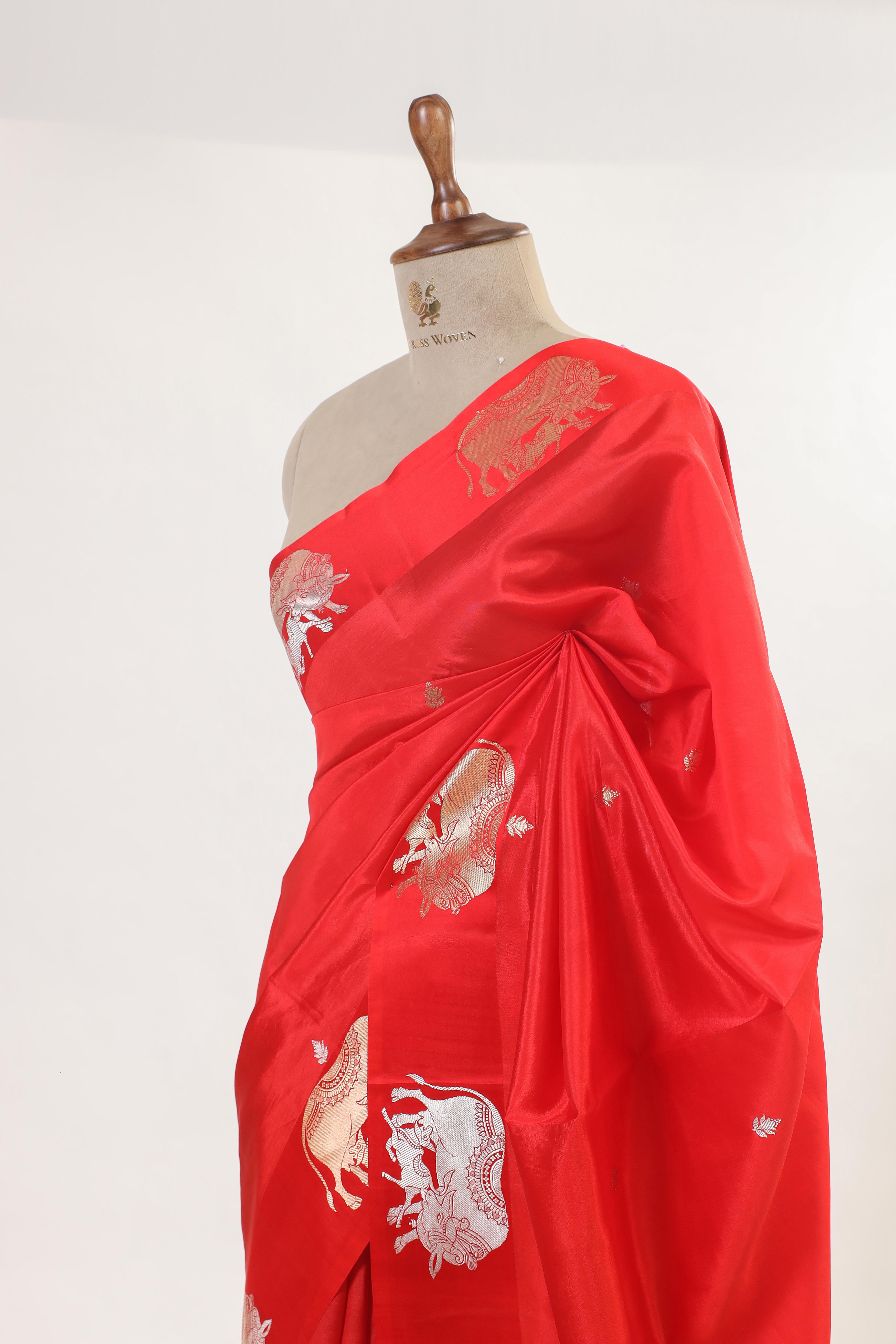 Red Banarasi Soft Silk Saree With Ganesh Mantra Embroidery