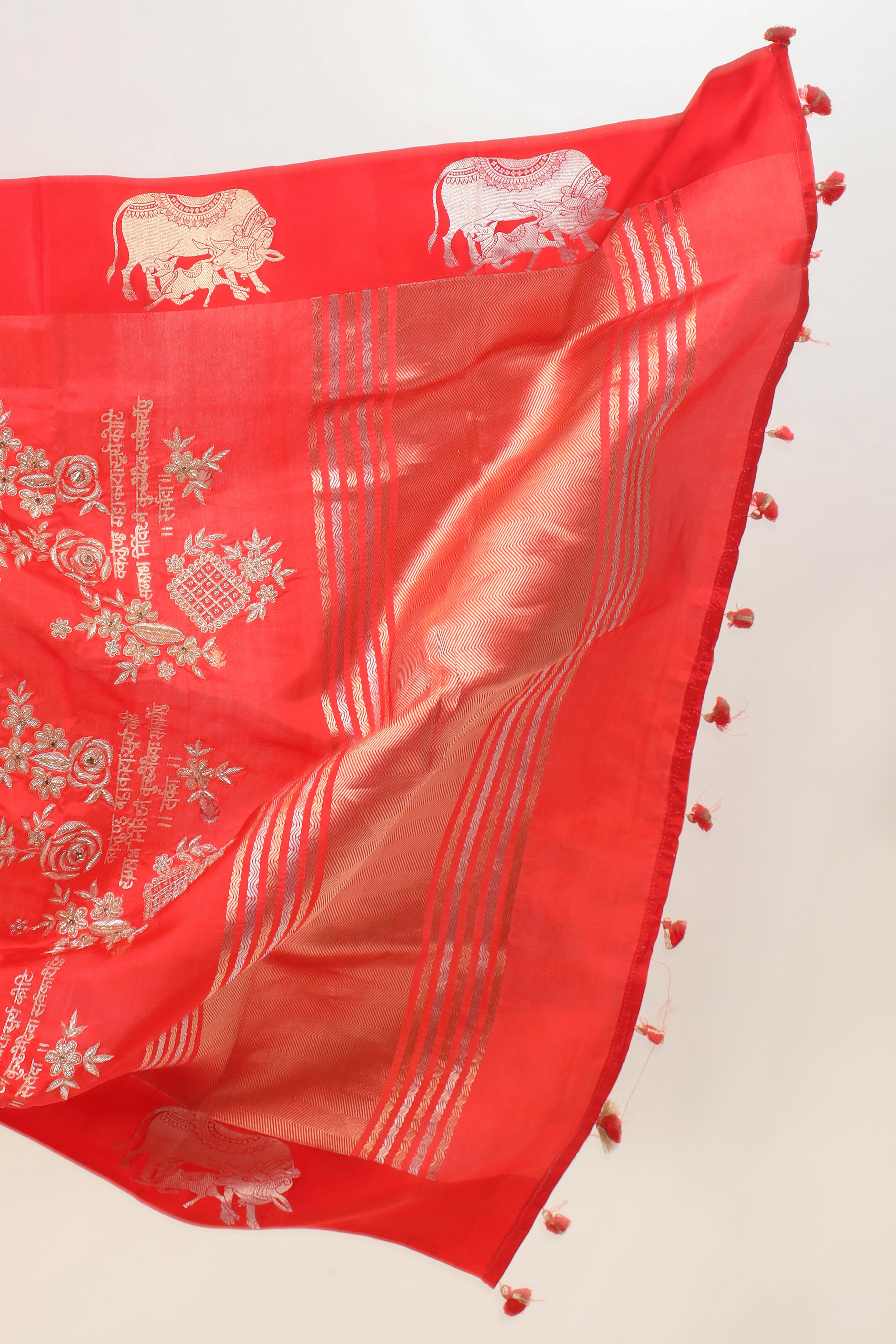 Red Banarasi Soft Silk Saree With Ganesh Mantra Embroidery