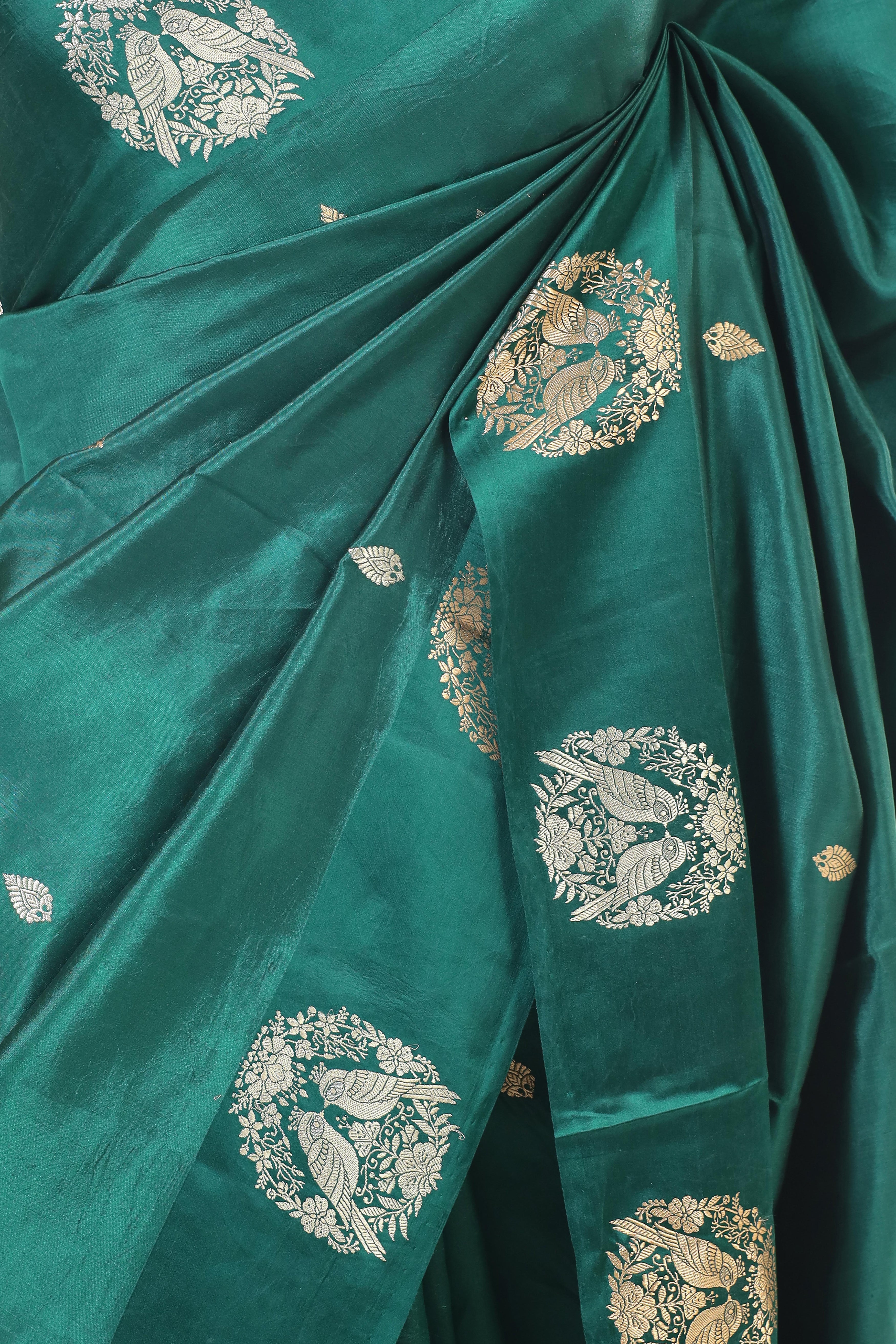 Emerald Green Banarasi Soft Silk Saree With Ganesh Mantra Embroidery