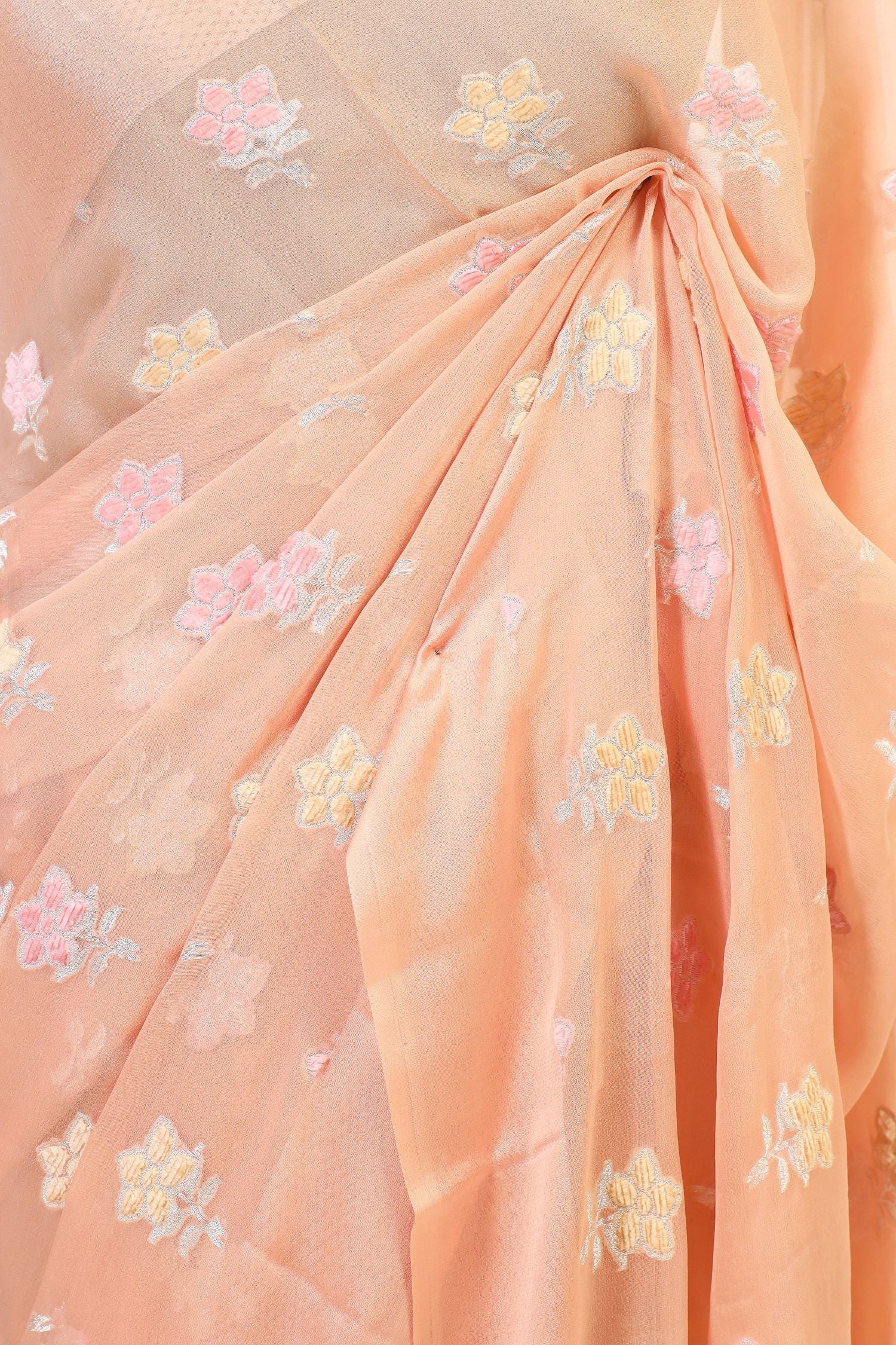 Peach Pink Banarasi Georgette Khaddi Floral Velvet Meenakari Silk Saree