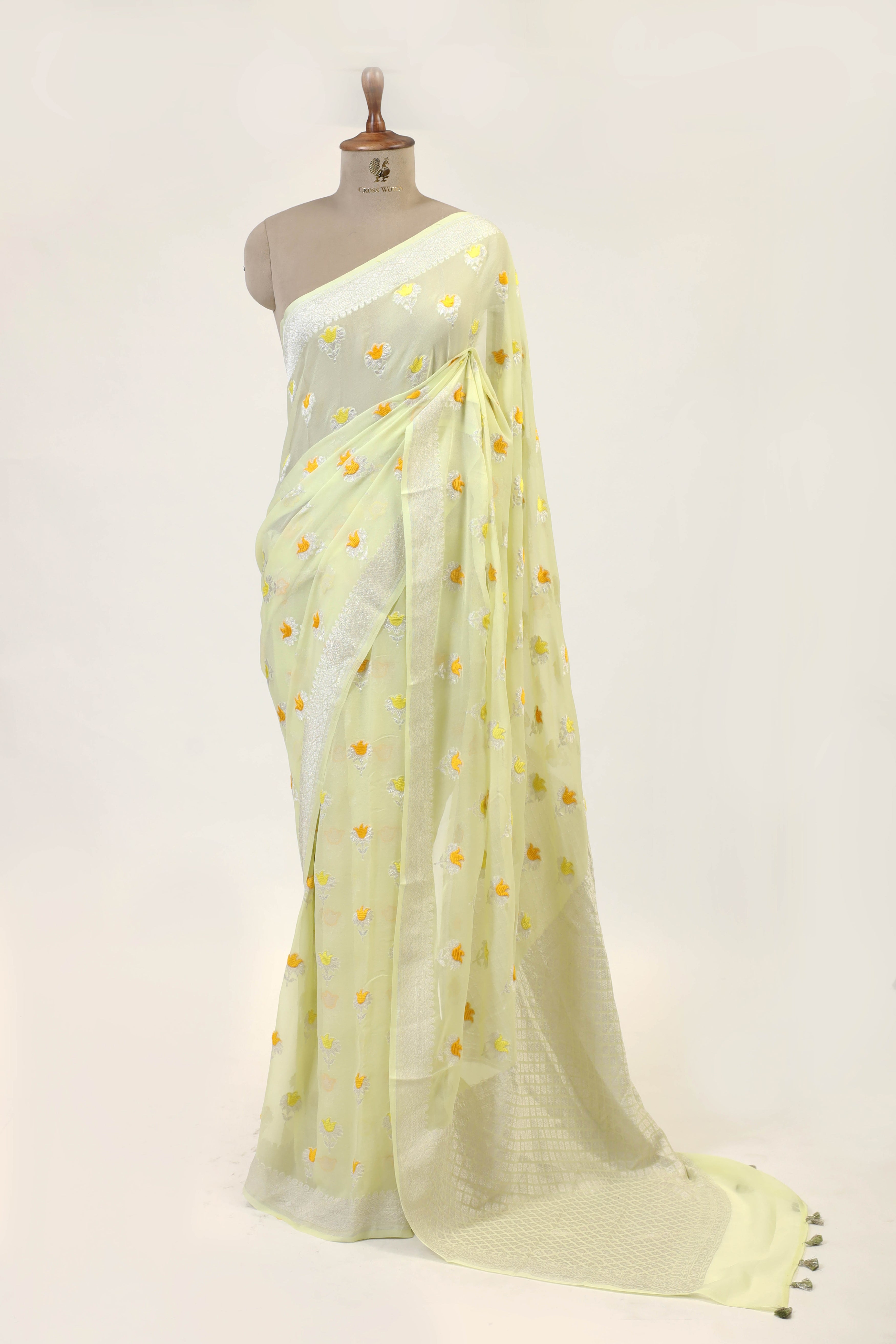 Pastel Lemon Yellow Banarasi Georgette Khaddi Floral Velvet Meenakari Silk Saree