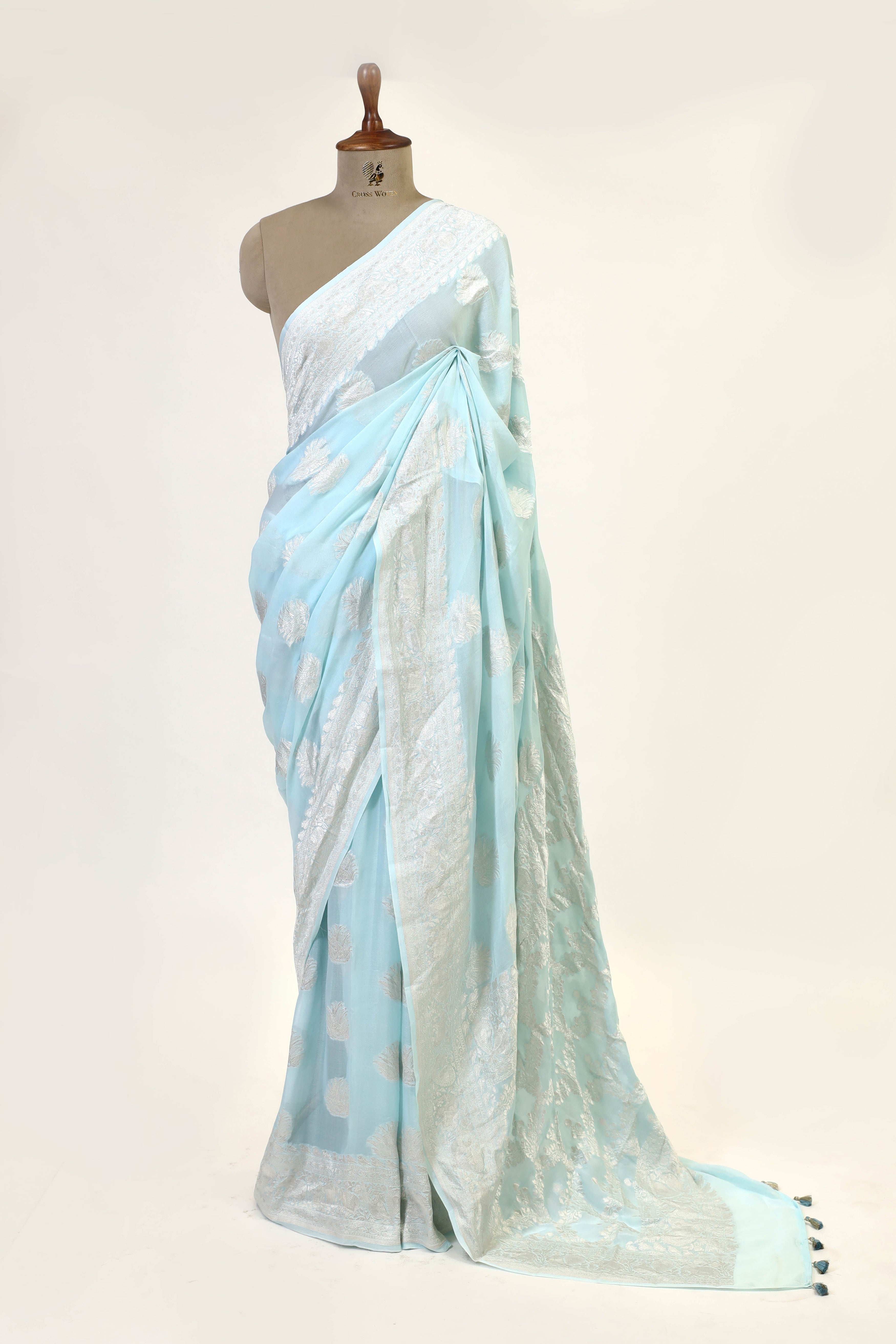 Sky Blue Banarasi Georgette Khaddi Floral Motif With Silver Zari Saree