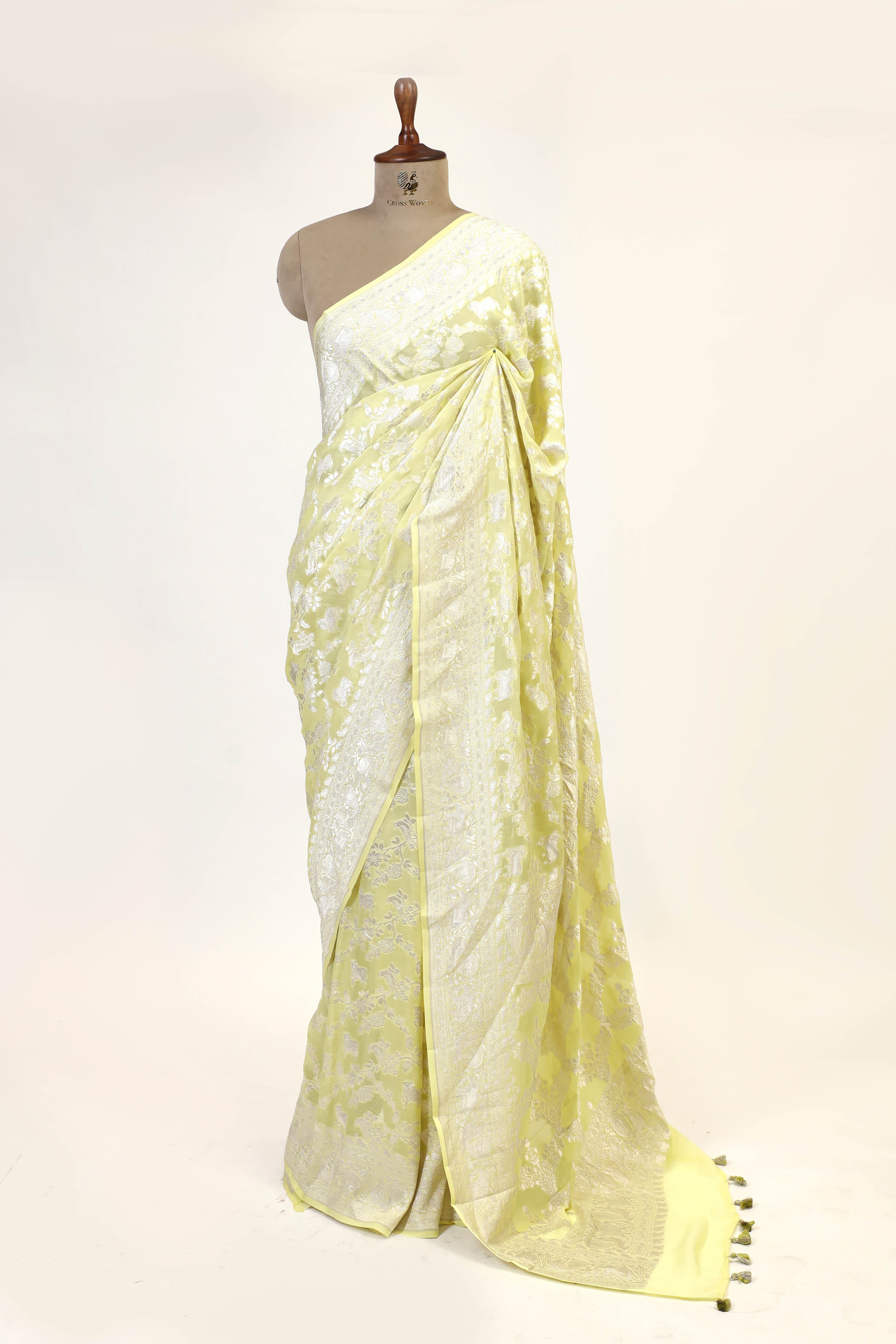Lemon Yellow Banarasi Georgette Khaddi Floral Motif With Silver Zari Silk Saree