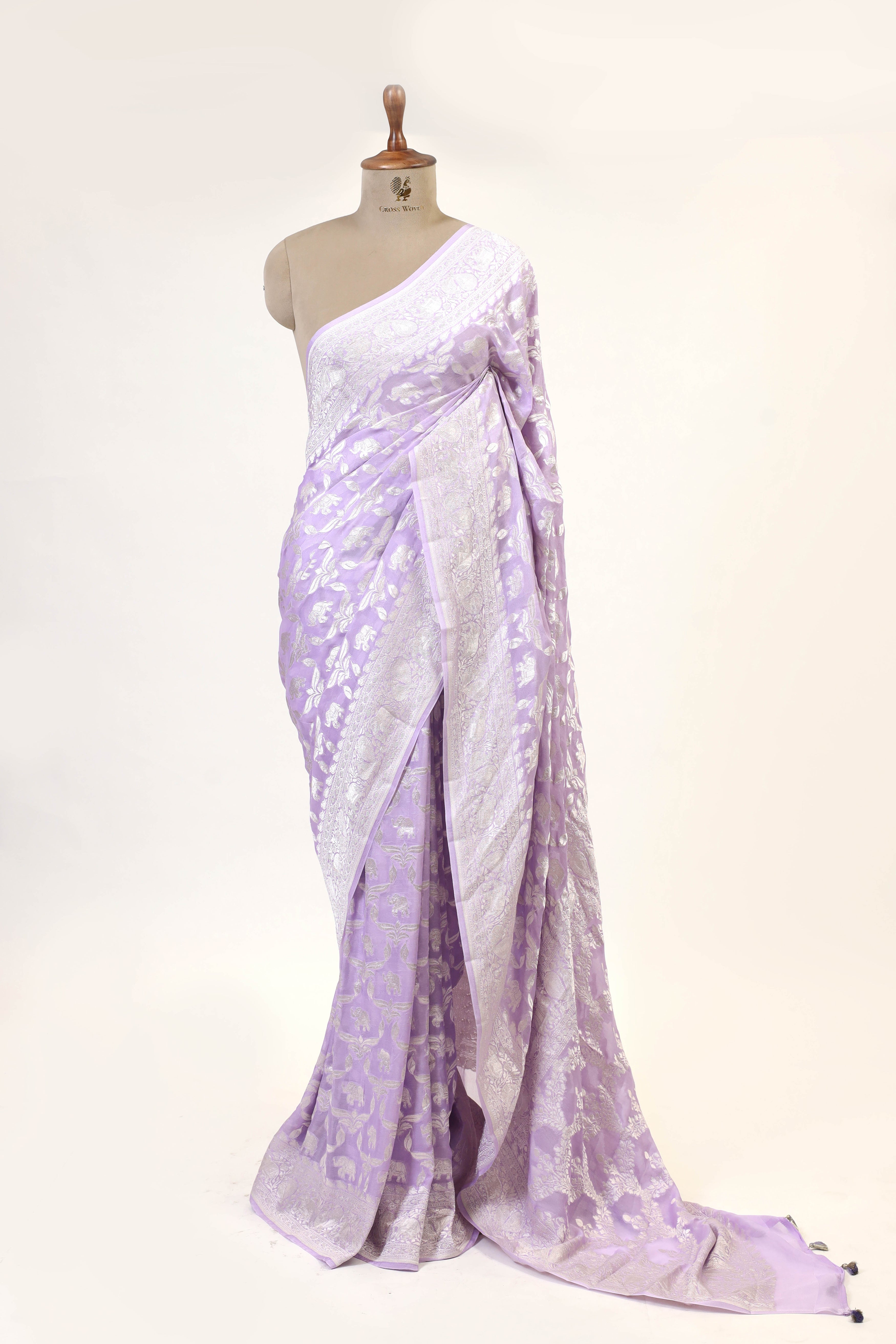 Lavender Banarasi Georgette Khaddi Floral Jaal With Silver Zari Saree