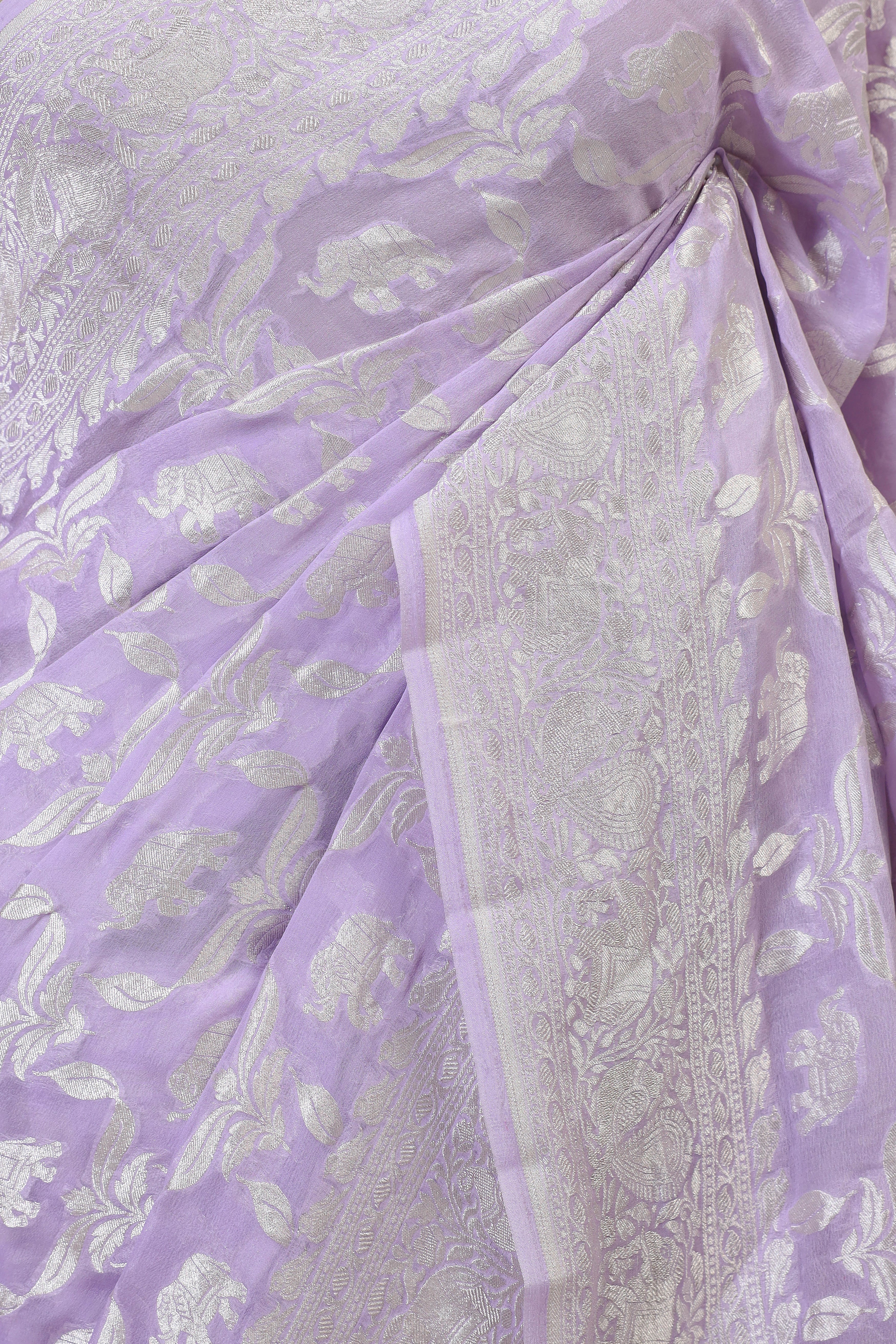 Lavender Banarasi Georgette Khaddi Floral Jaal With Silver Zari Saree