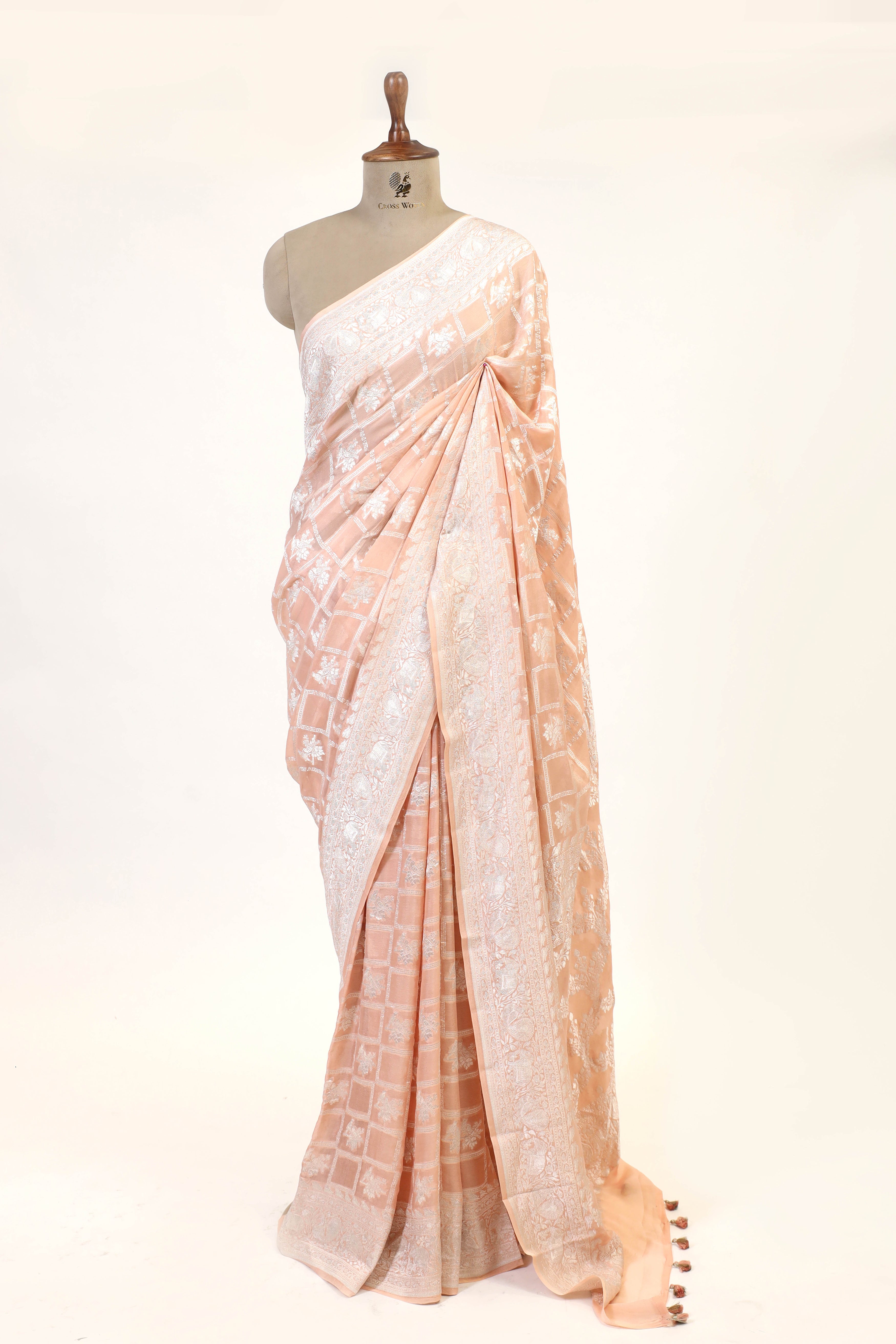 Peach Pink Banarasi Georgette Khaddi  With Silver Zari Silk Saree