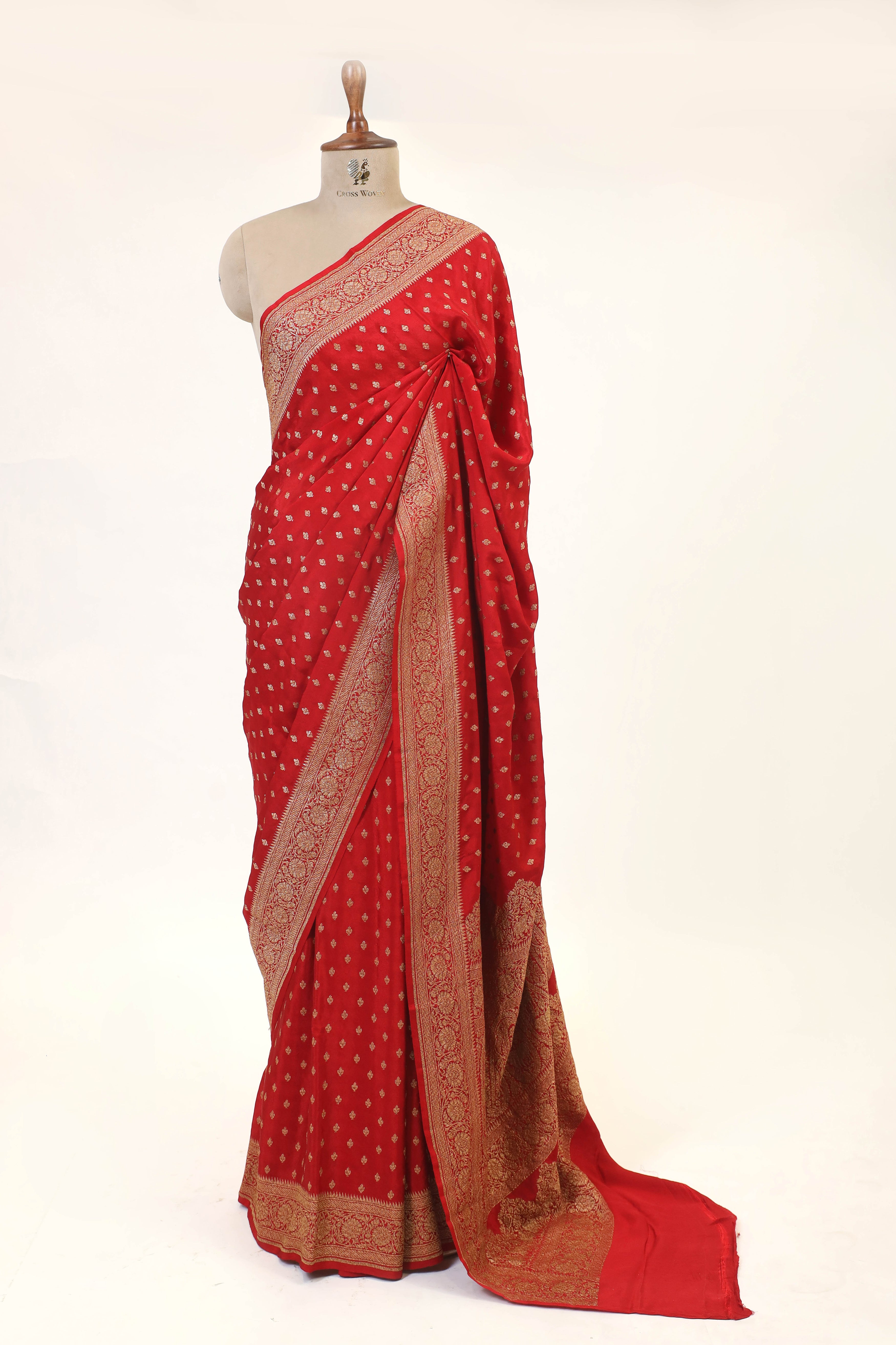 Red Banarasi Crepe Silk Saree With Antique Zari And Floral Border