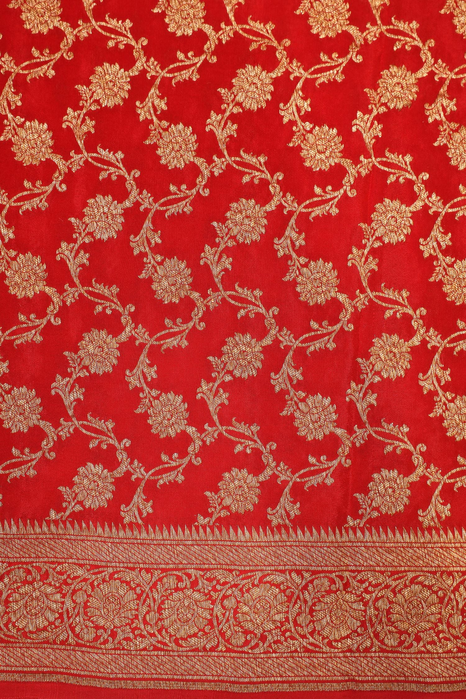 Red Banarasi Crepe Silk Saree With Antique Zari And Floral Border