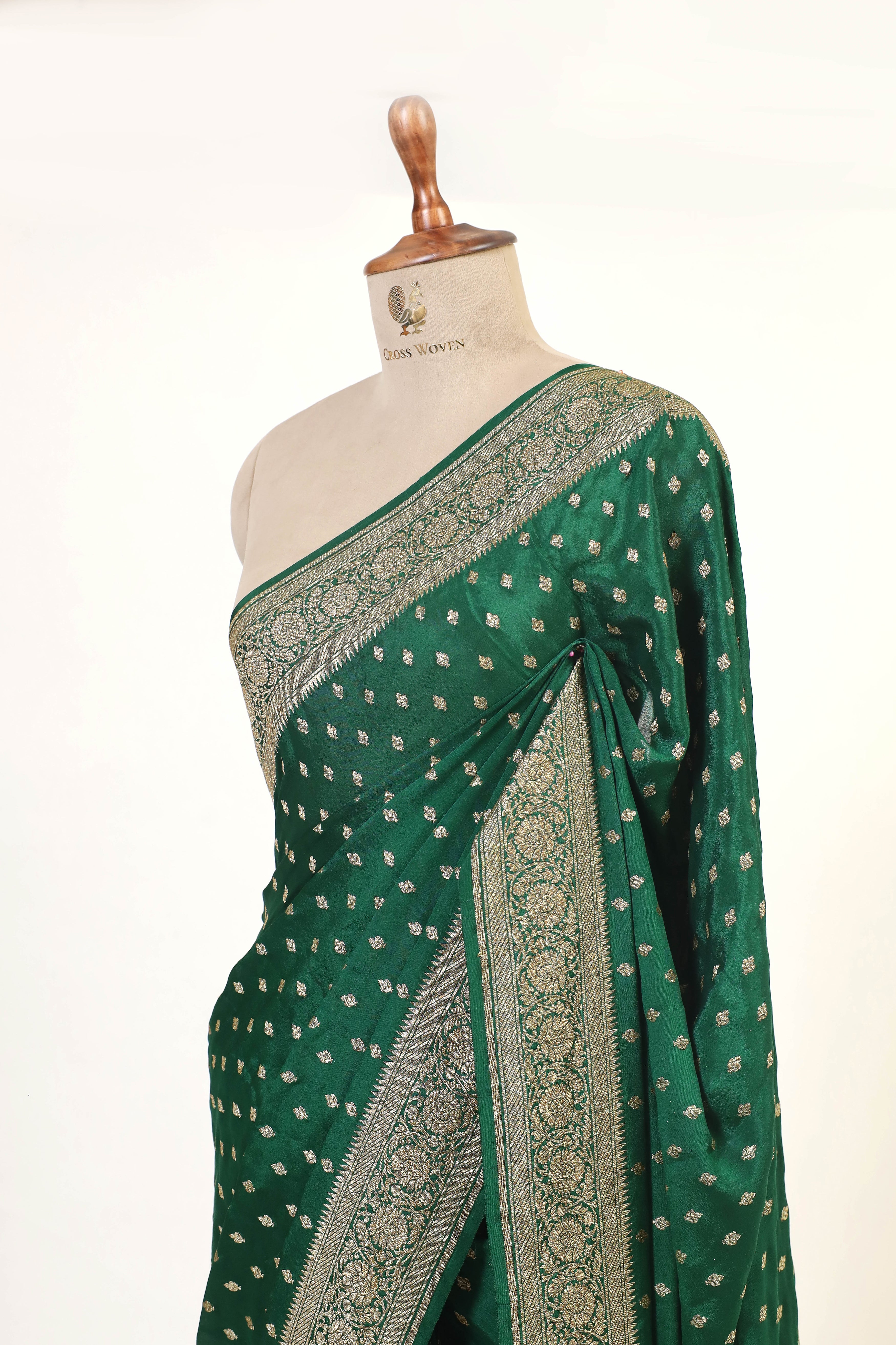 Bottle Green Crepe Silk Saree with Antique Zari Floral Border