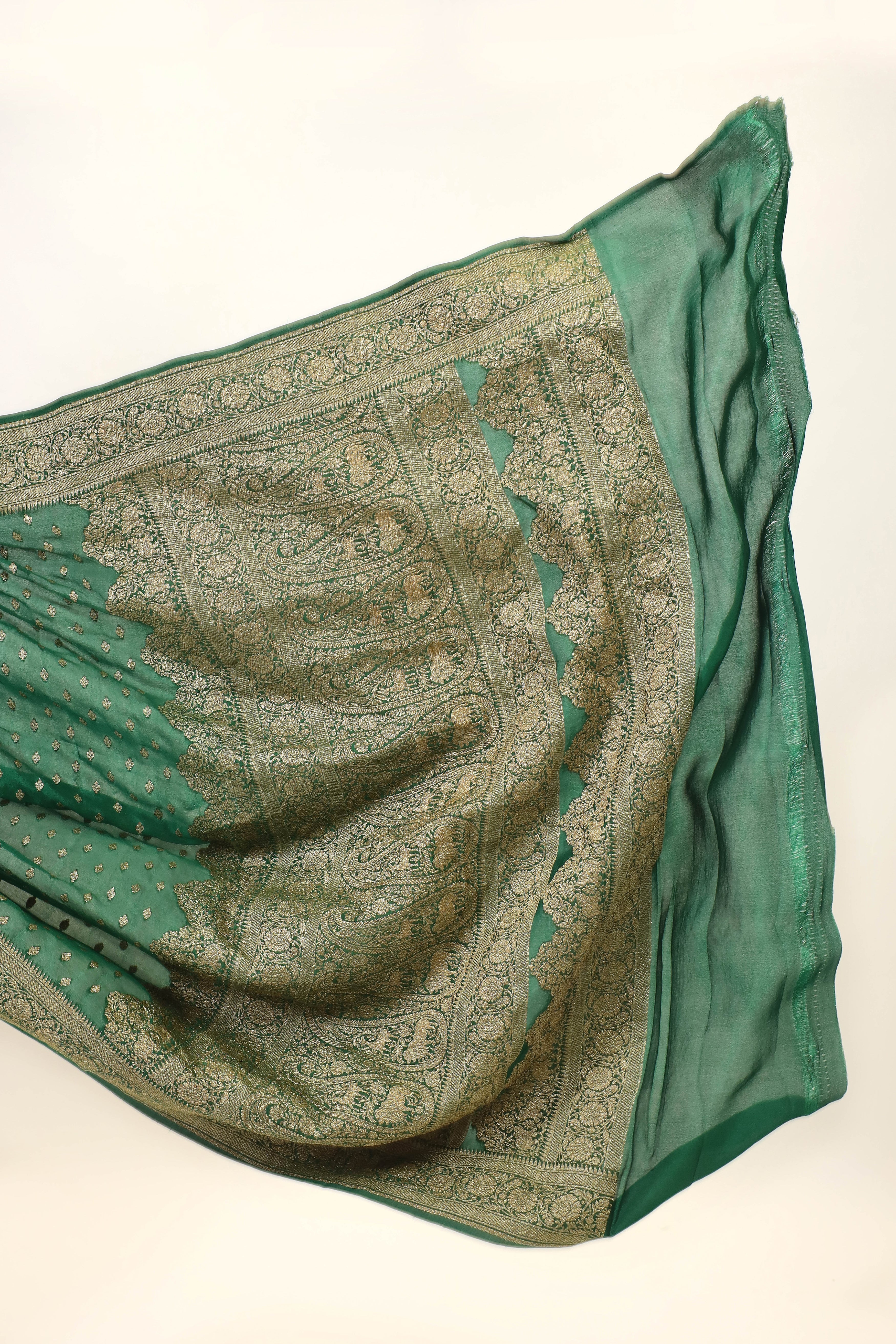 Bottle Green Crepe Silk Saree with Antique Zari Floral Border