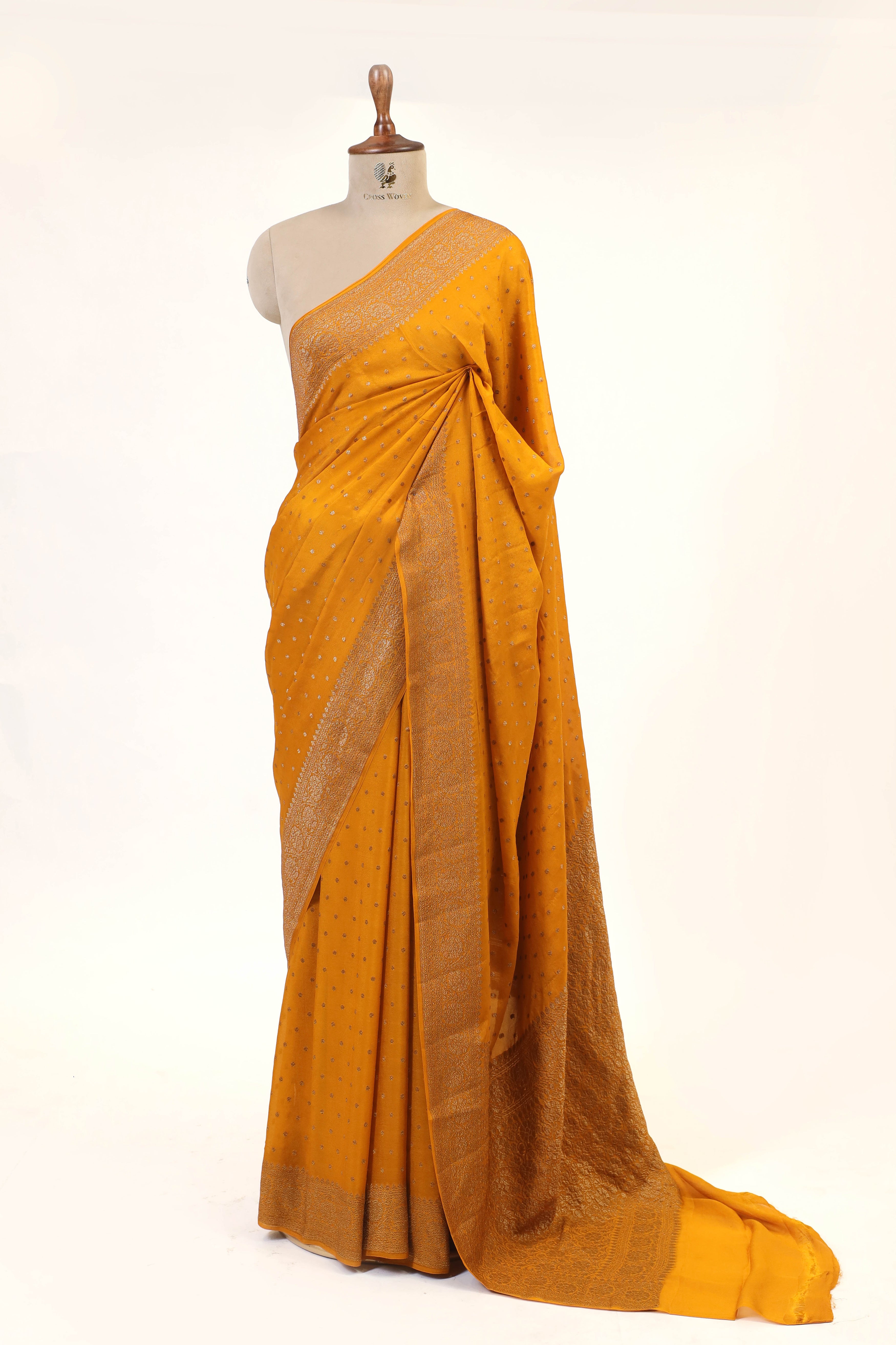 Golden Yellow Crepe Silk Saree with Antique Zari And Floral Border