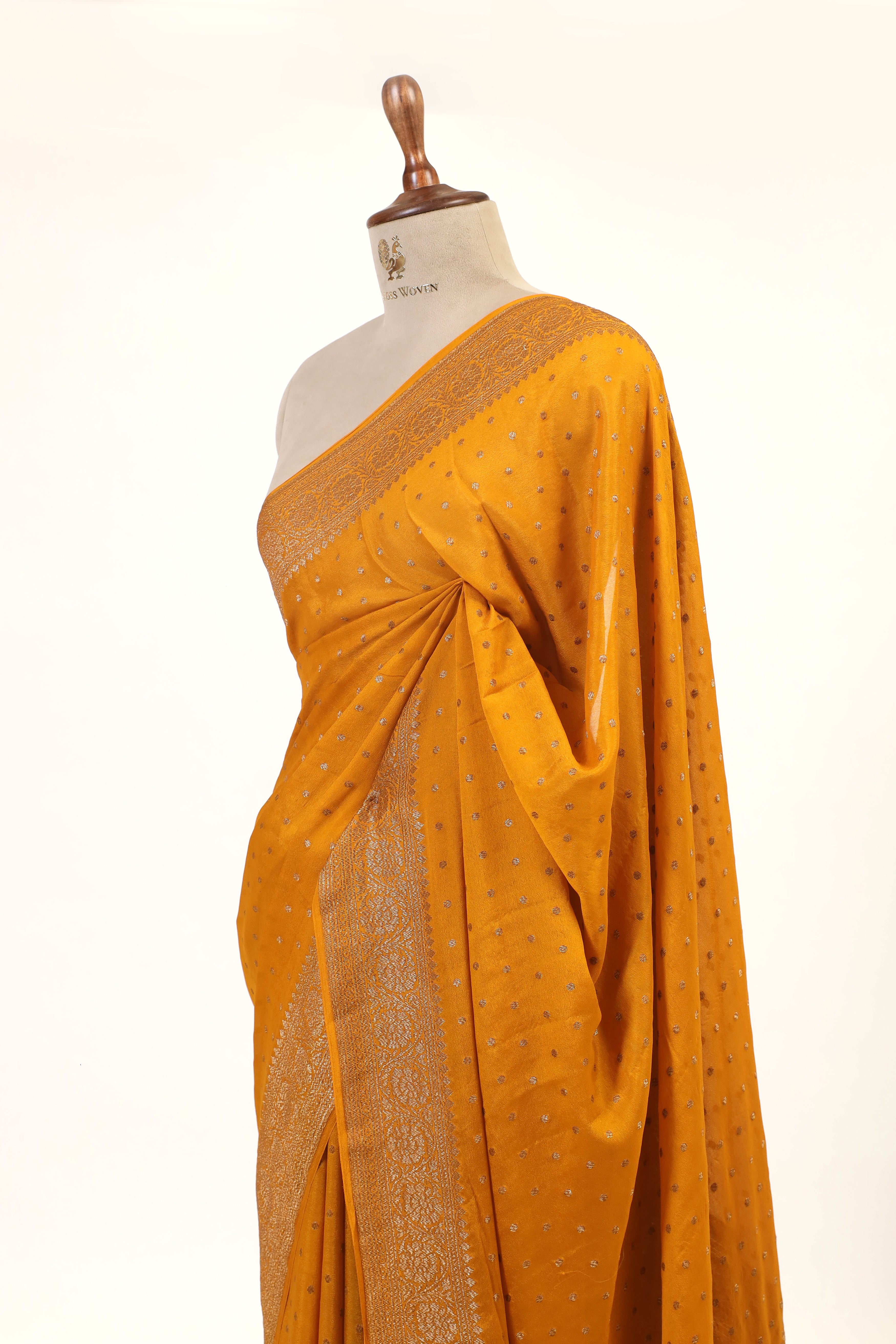 Golden Yellow Crepe Silk Saree with Antique Zari And Floral Border