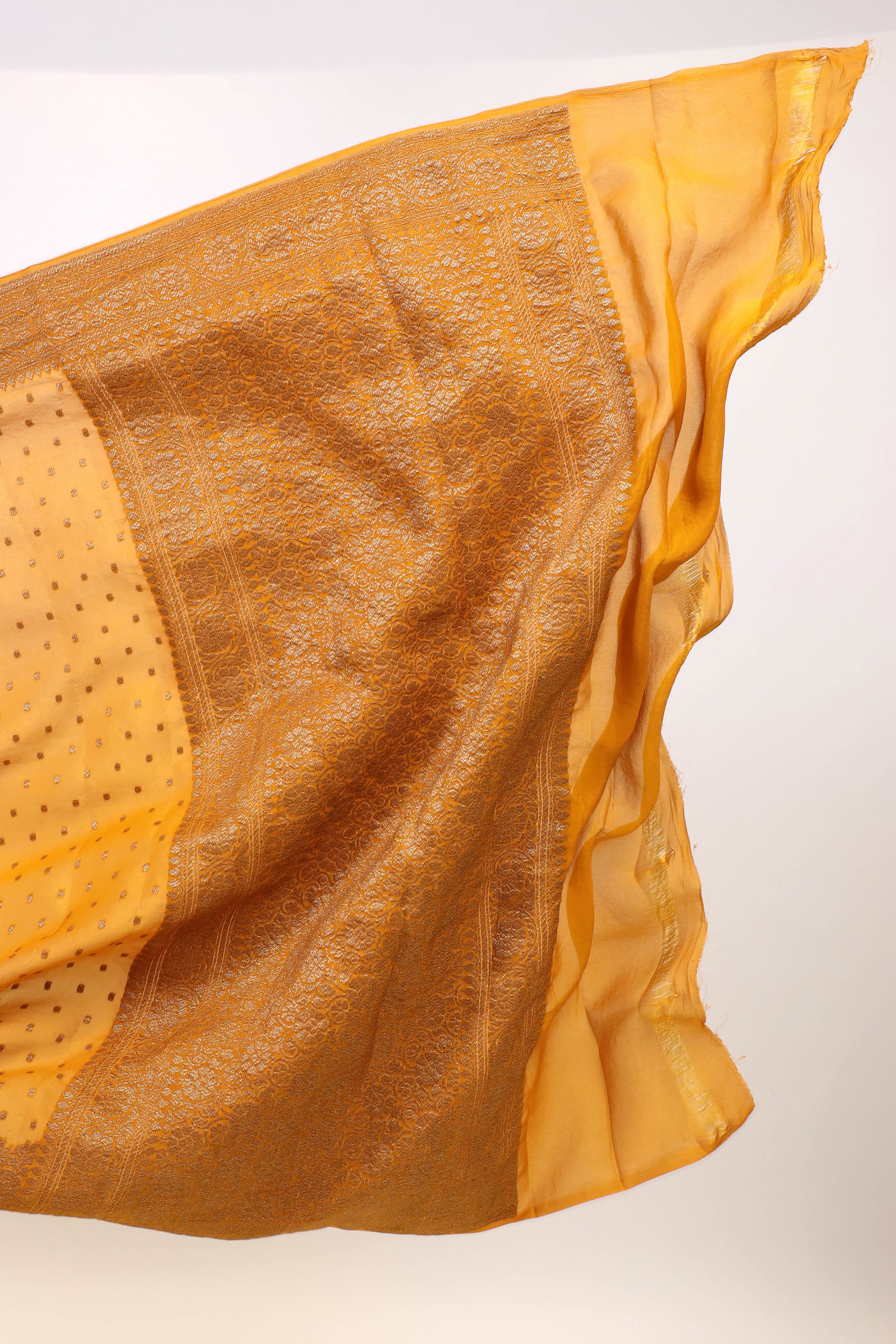 Golden Yellow Crepe Silk Saree with Antique Zari And Floral Border