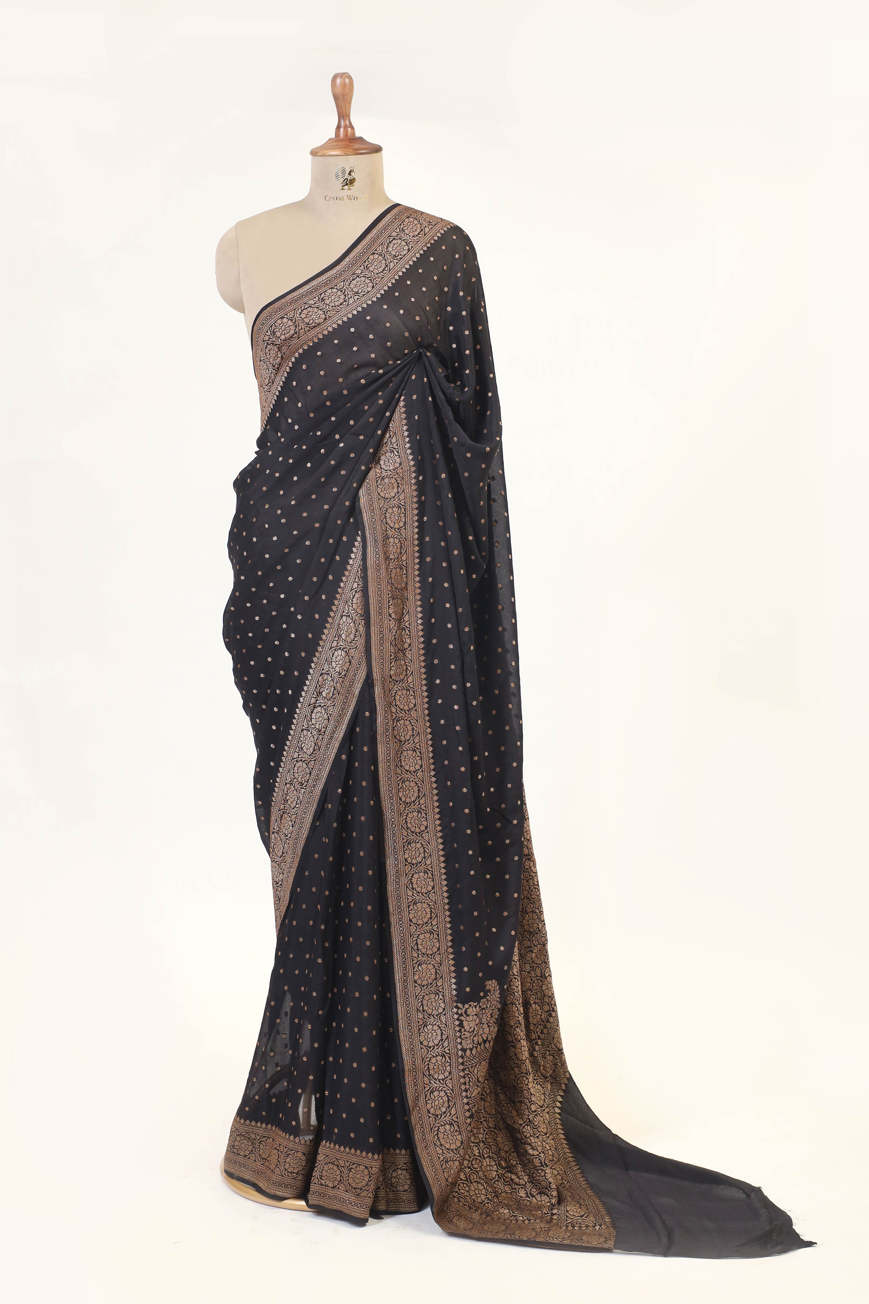 Black Crepe Silk Saree with Antique Zari And Floral Border