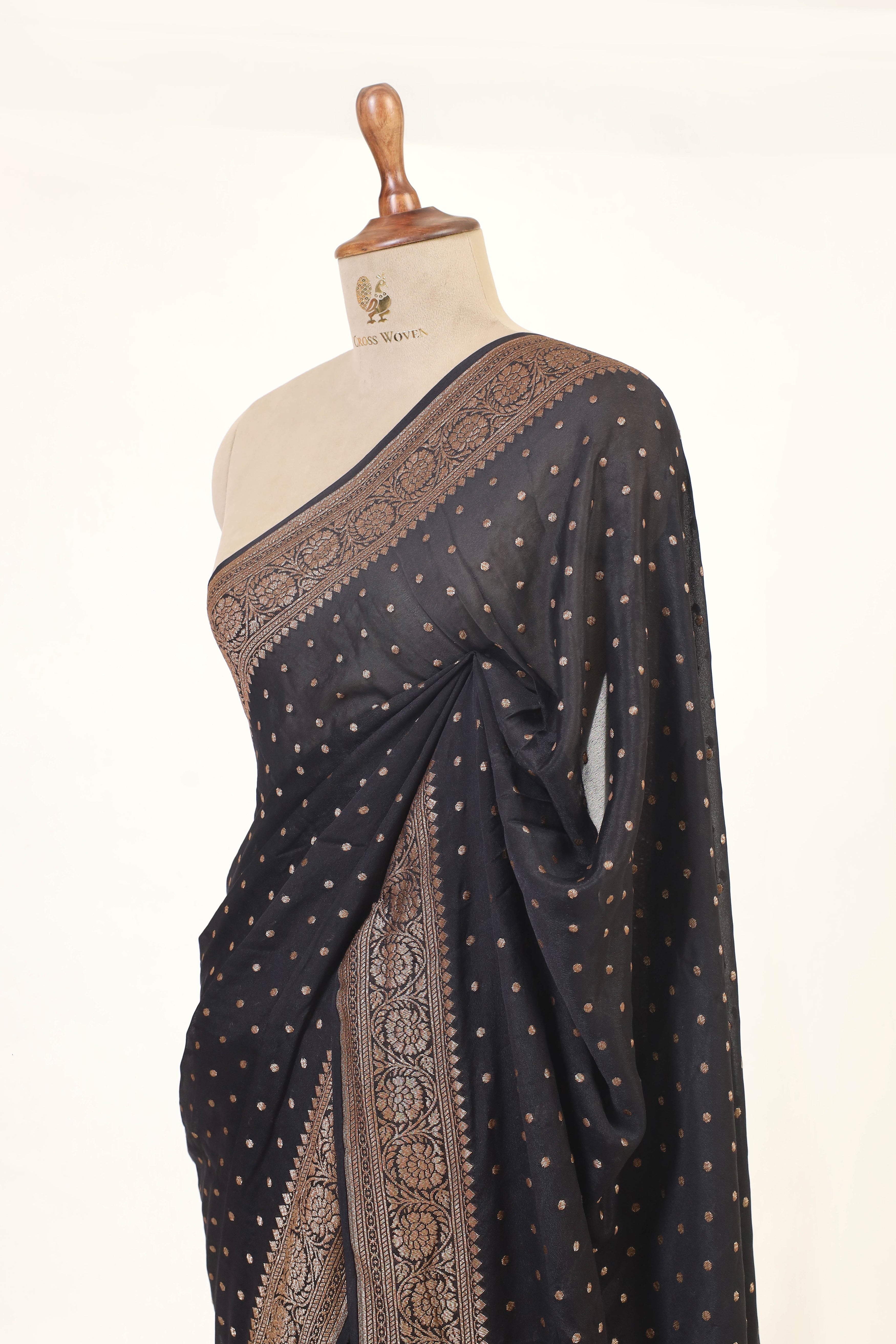 Black Crepe Silk Saree with Antique Zari And Floral Border