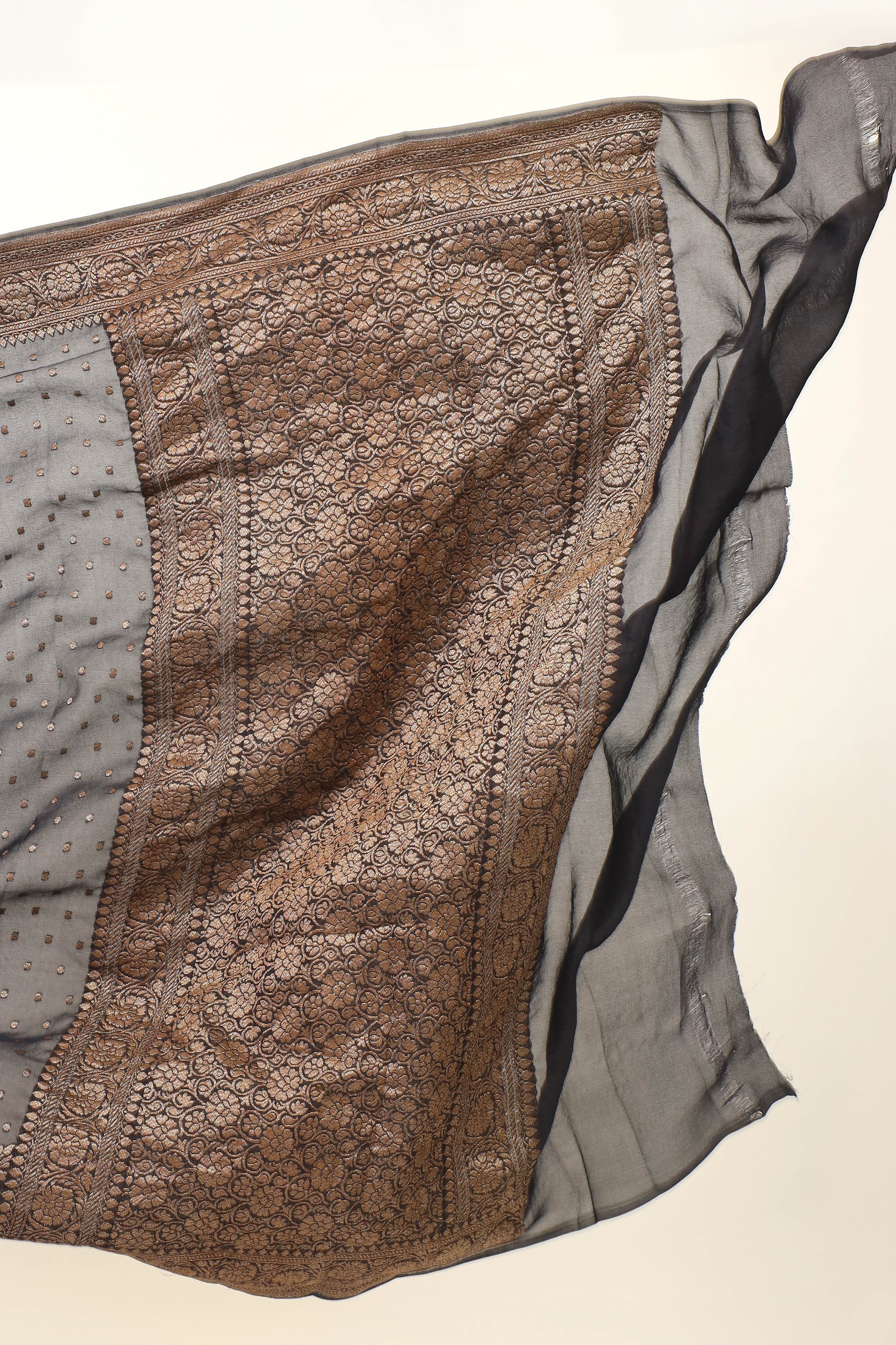 Black Crepe Silk Saree with Antique Zari And Floral Border