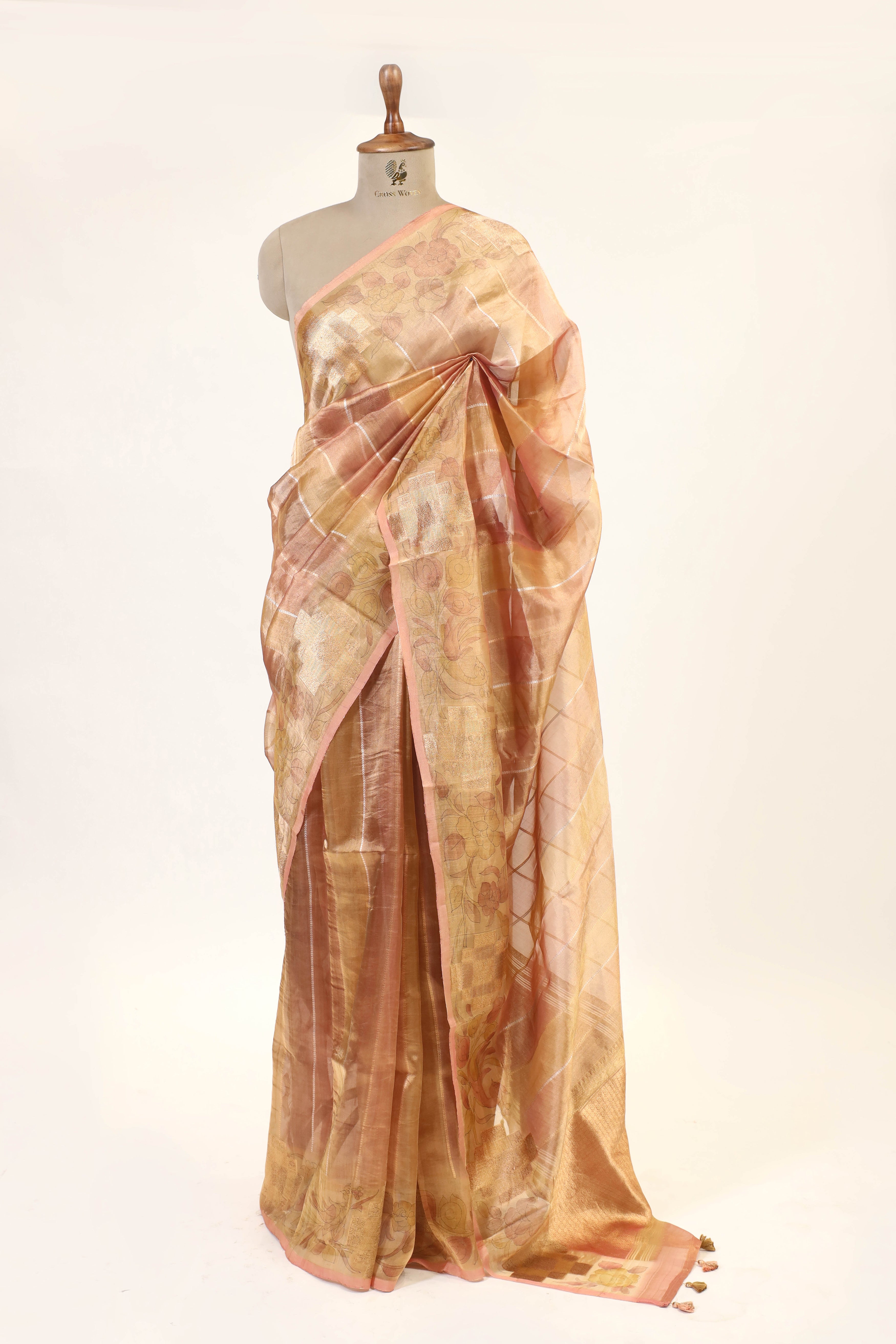 Peach Pink Striped Rangkaat Banarasi Tissue Silk Saree