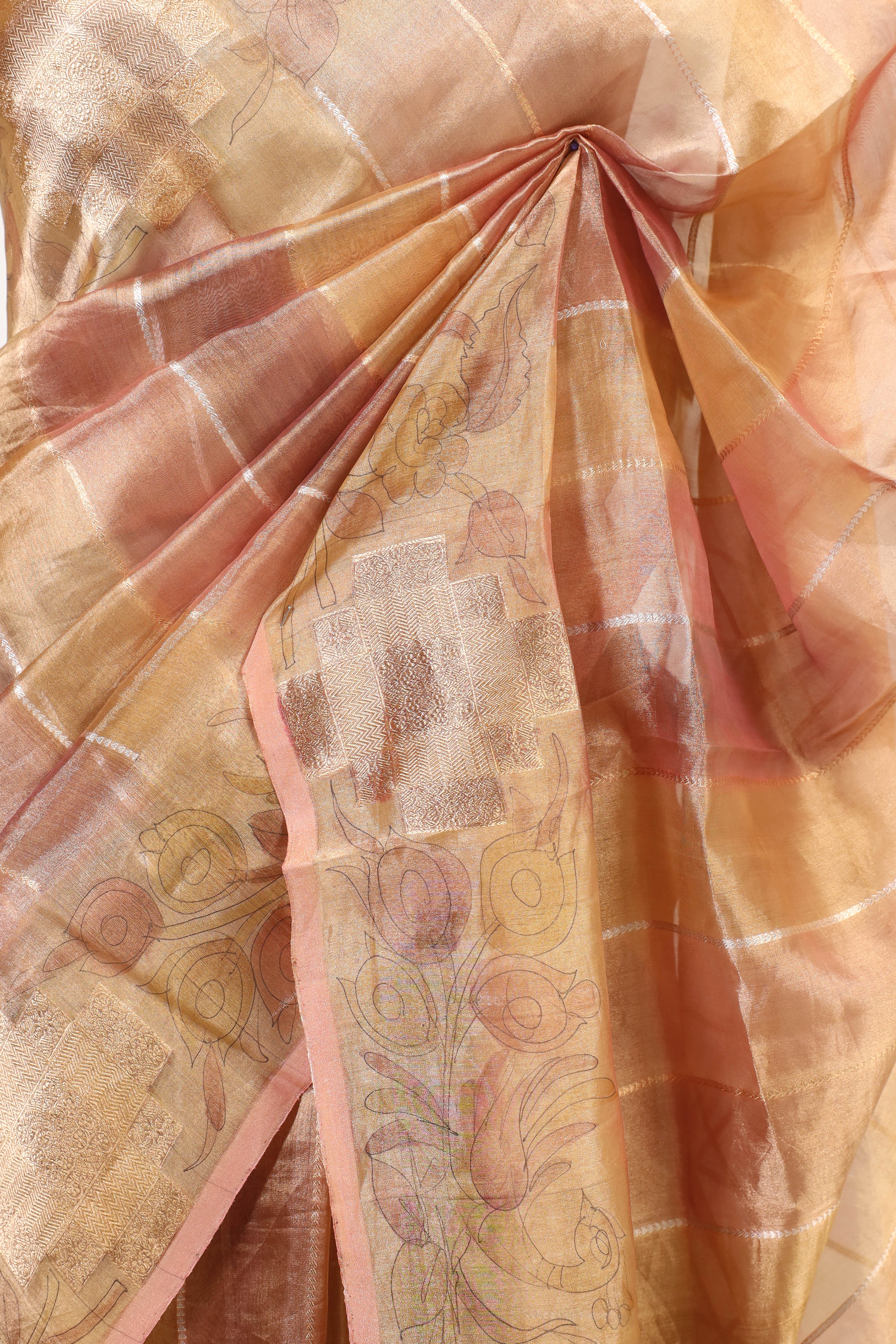 Peach Pink Striped Rangkaat Banarasi Tissue Silk Saree