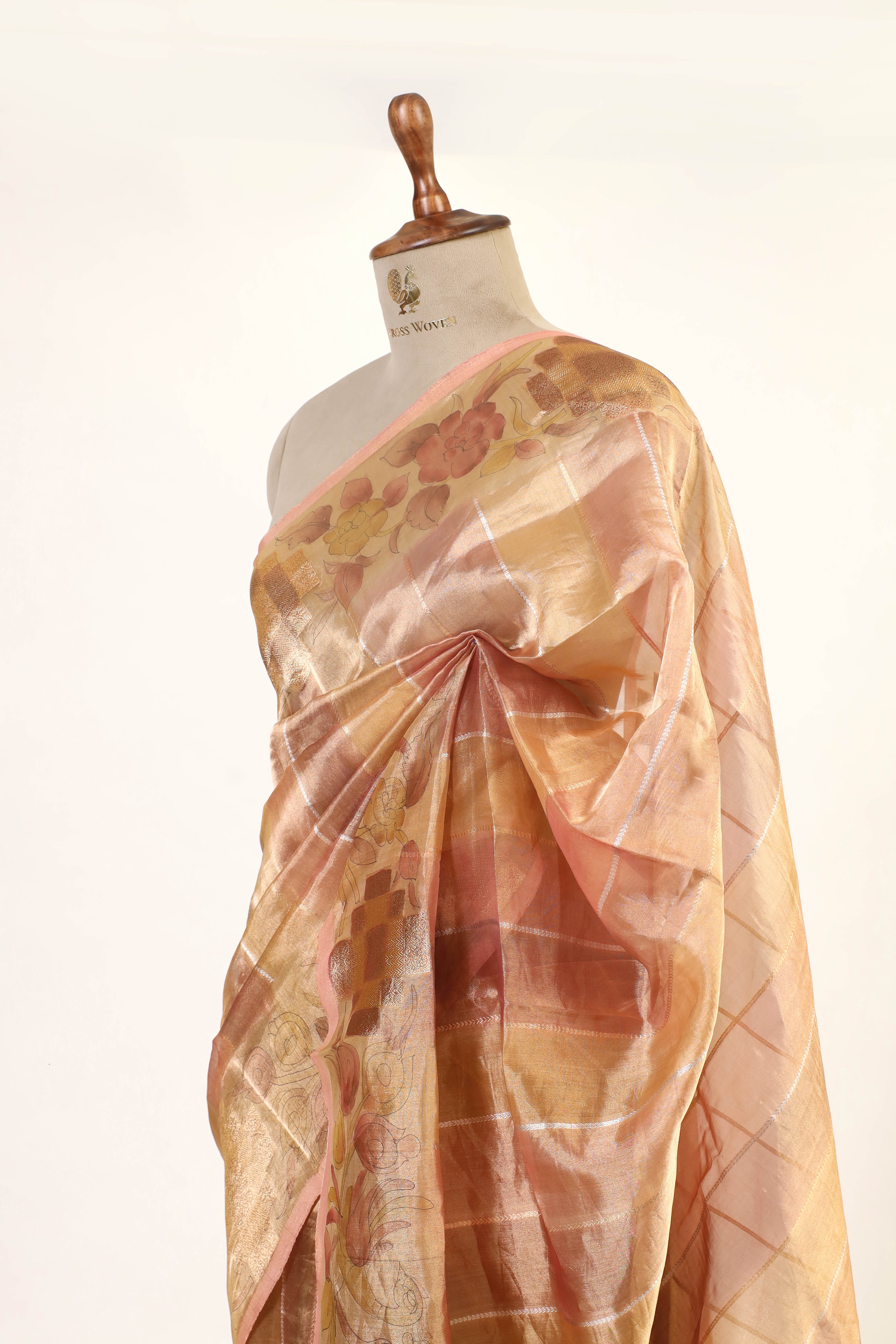 Peach Pink Striped Rangkaat Banarasi Tissue Silk Saree