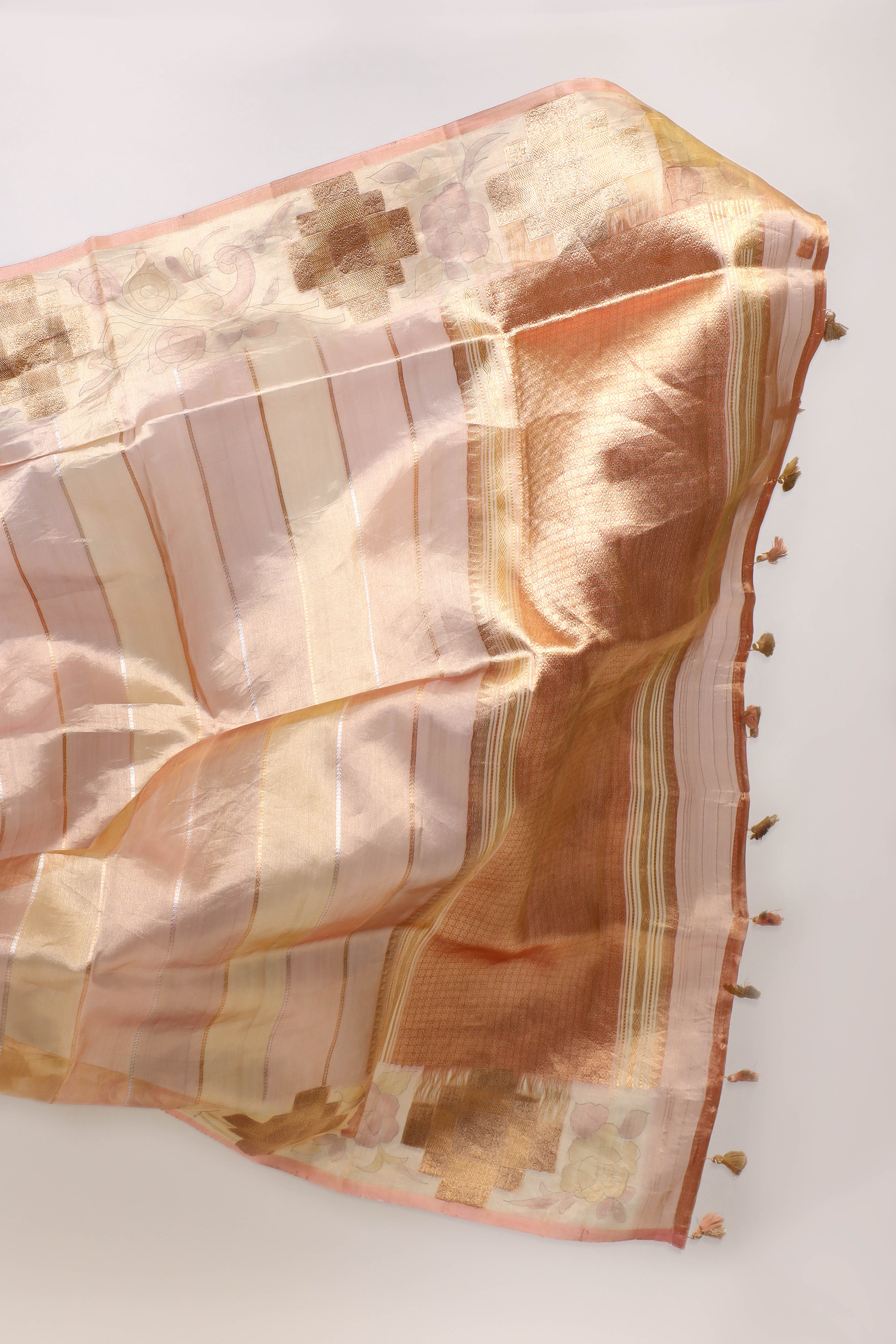 Peach Pink Striped Rangkaat Banarasi Tissue Silk Saree