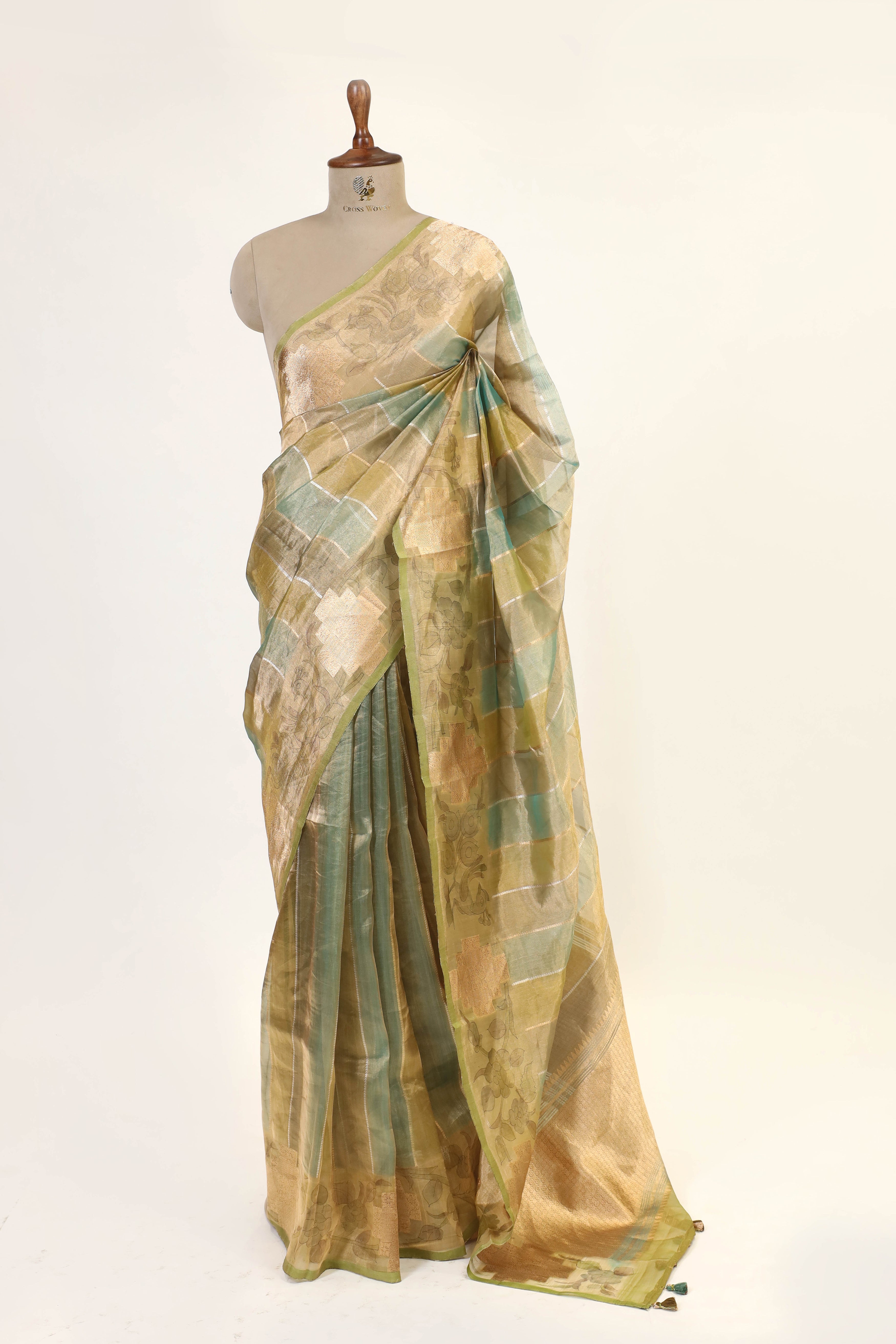 Lime Green Striped Rangkaat Banarasi Tissue Silk Saree