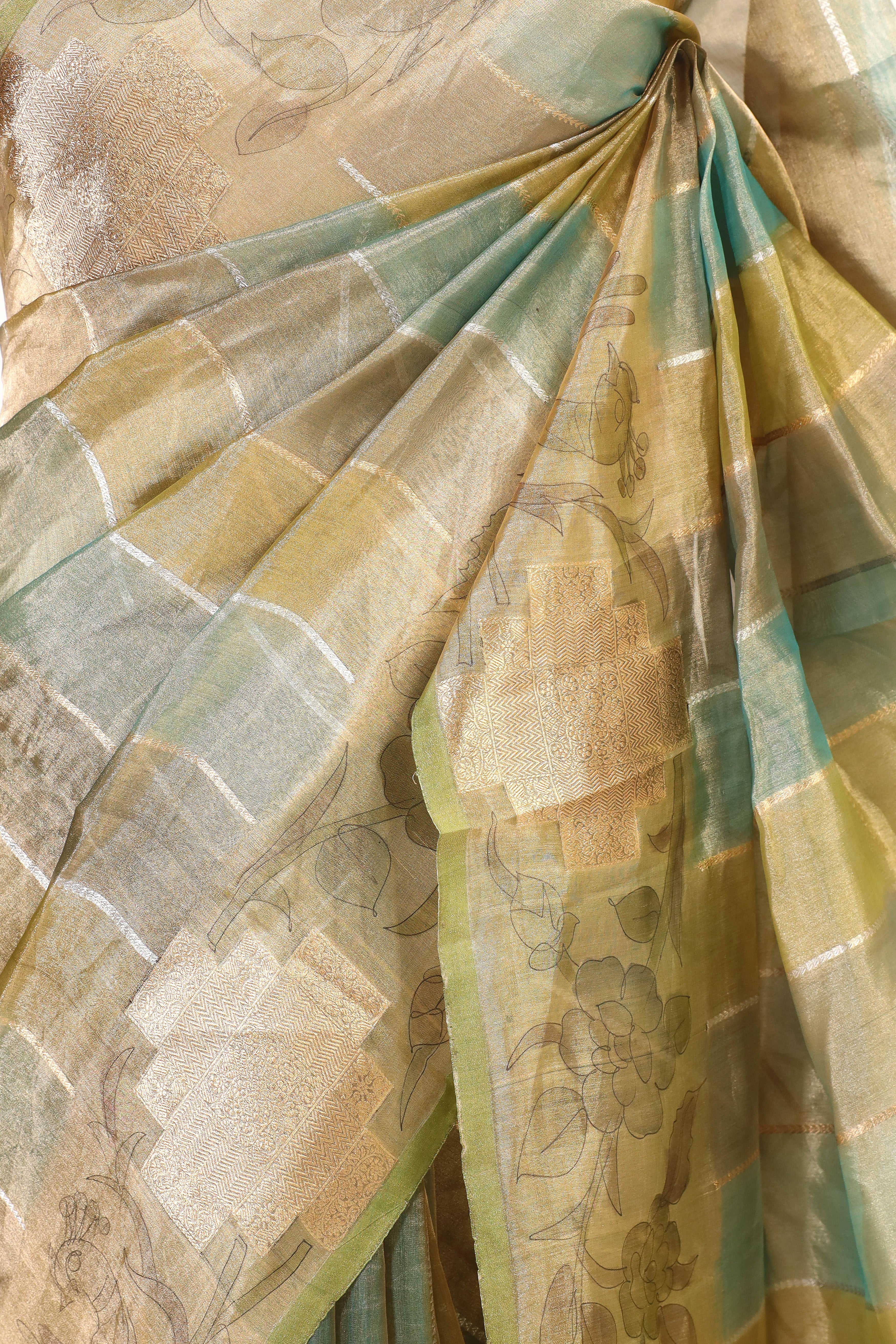Lime Green Striped Rangkaat Banarasi Tissue Silk Saree