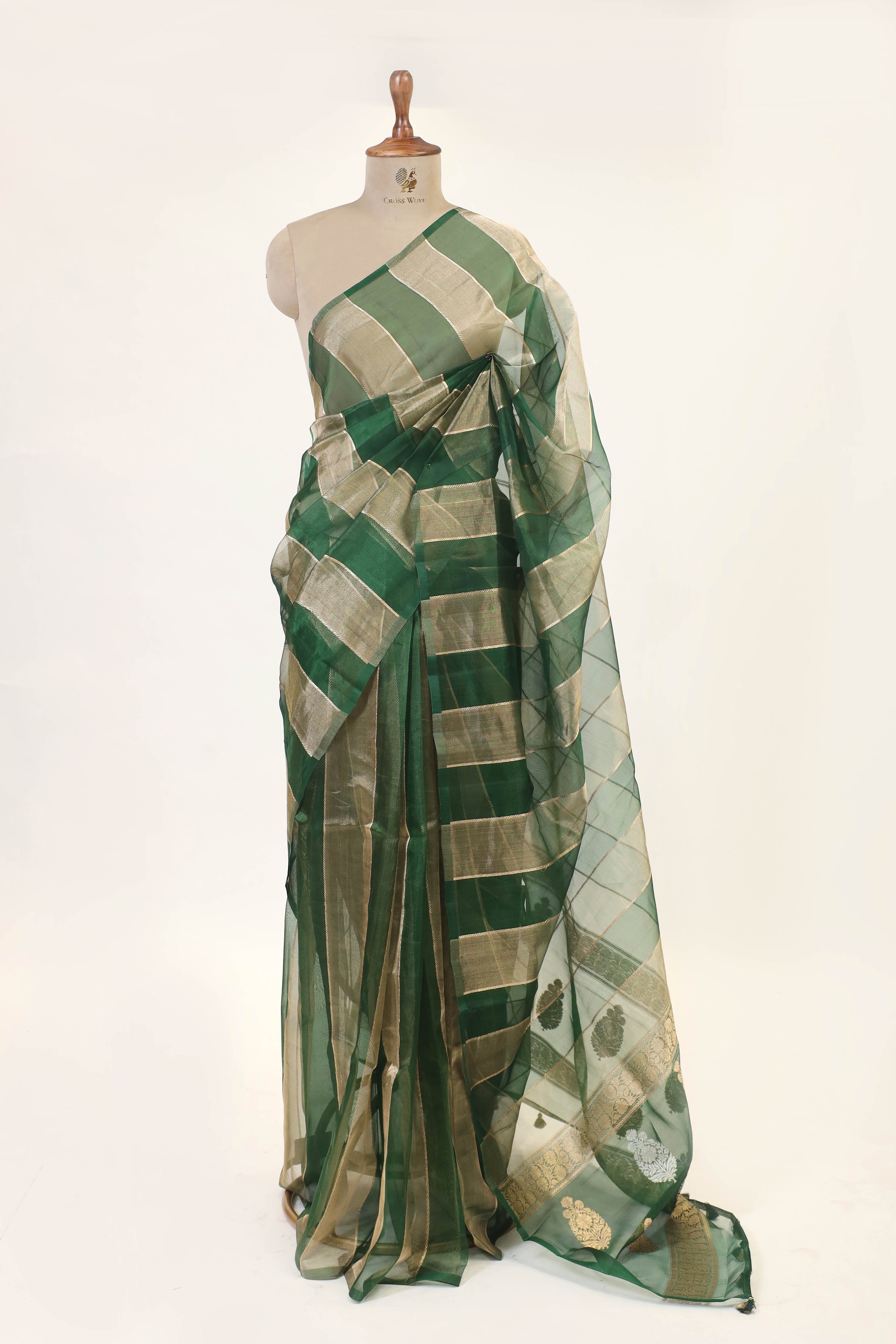 Bottle Green Tissue Silk Saree With Gold Stripes