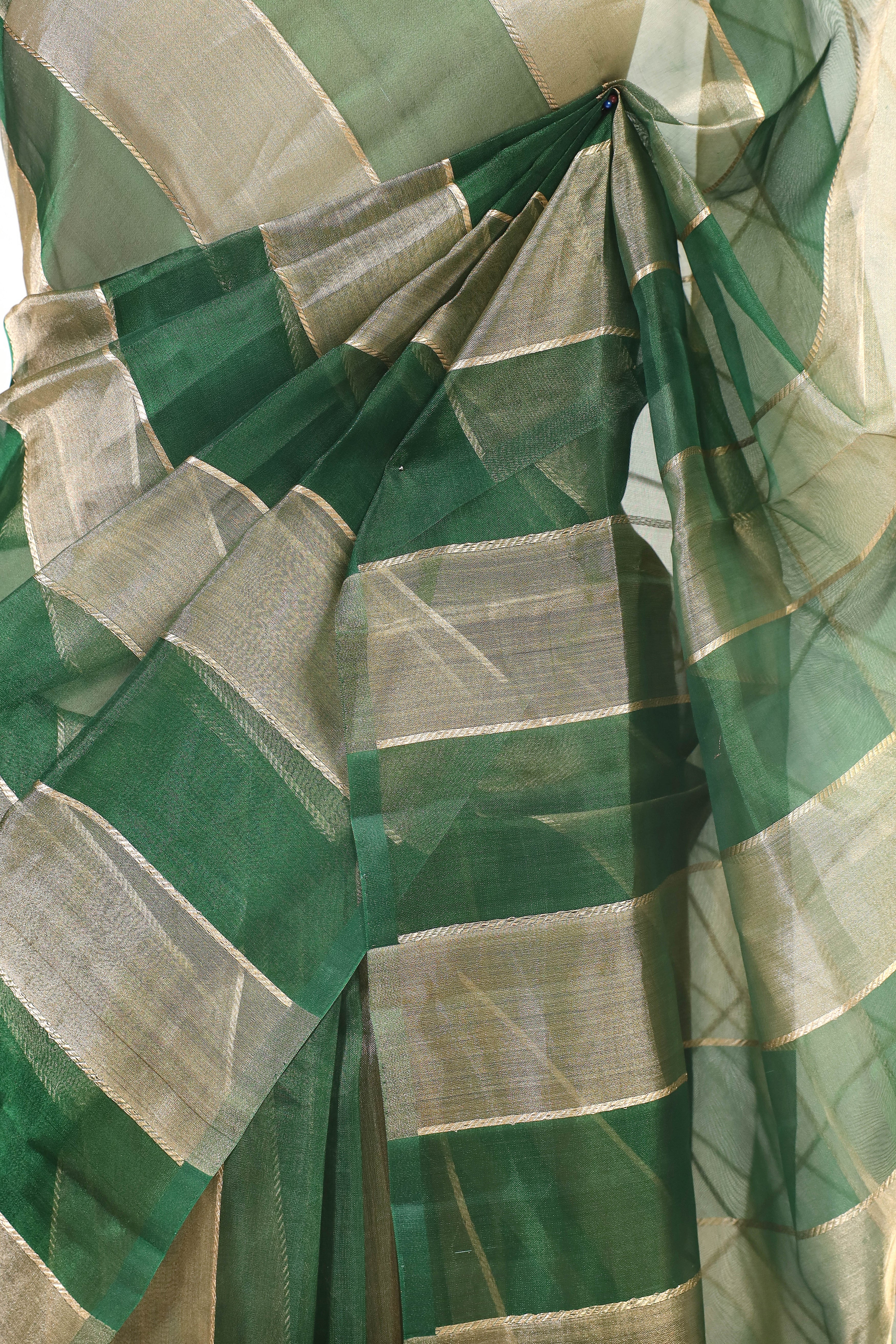 Bottle Green Tissue Silk Saree With Gold Stripes