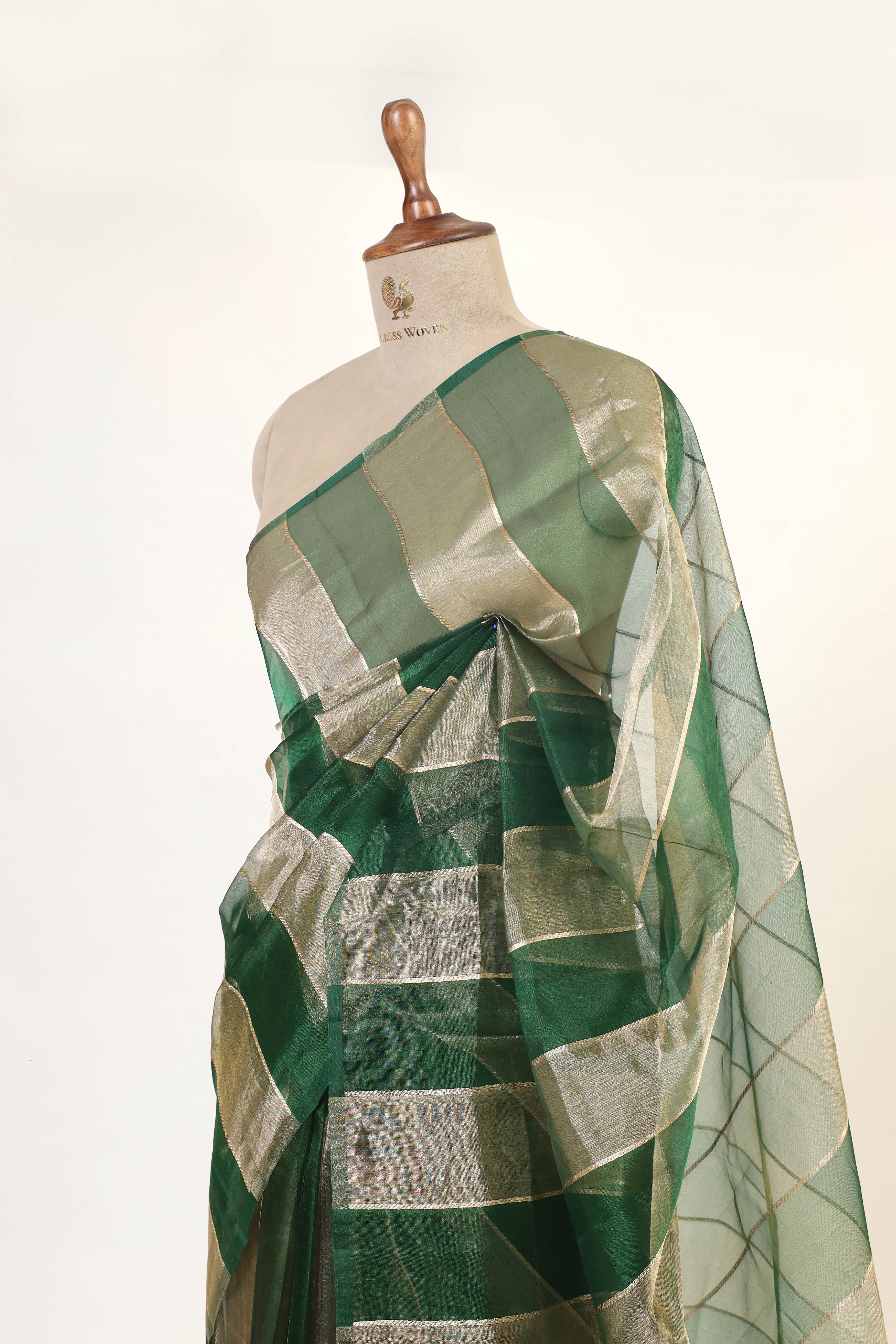 Bottle Green Tissue Silk Saree With Gold Stripes